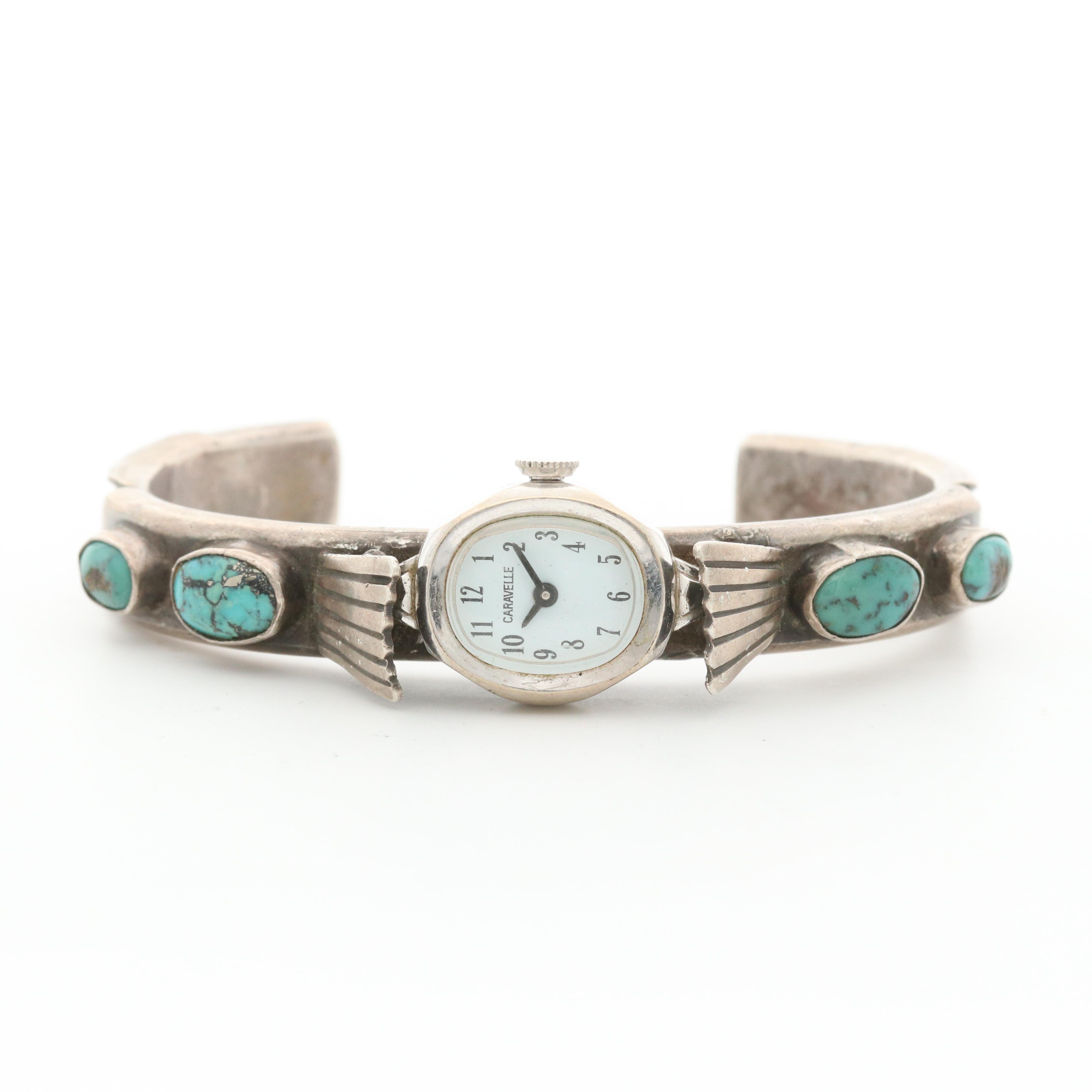 Vintage Caravelle Watch With Southwest Style Sterling Silver Turquoise Bracelet