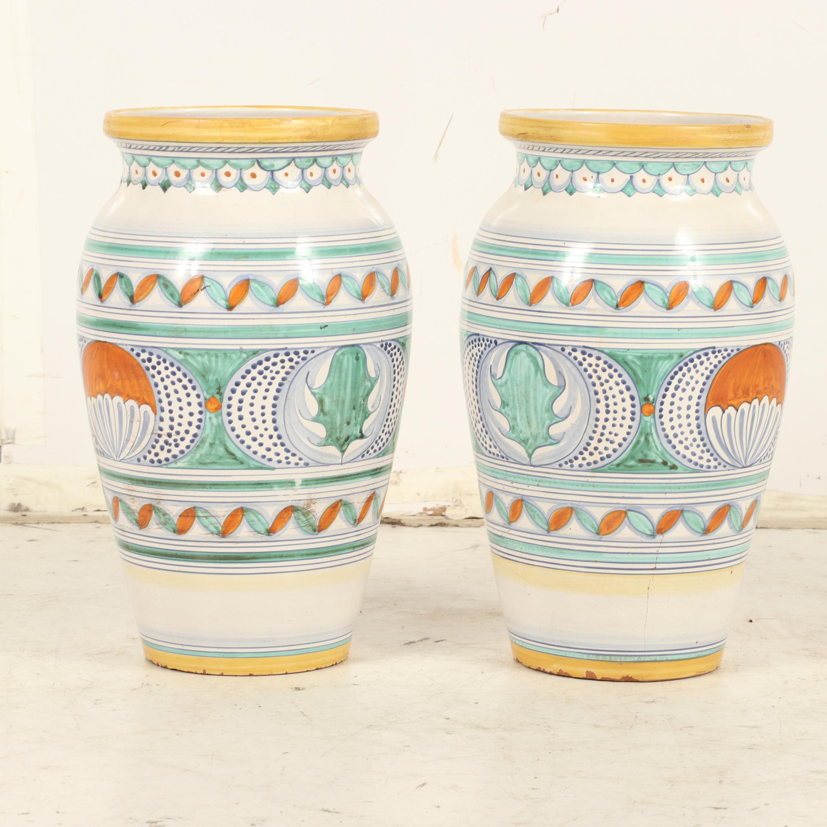 Italian L'Antica di Deruta Hand-Painted Earthenware Planter Vases
