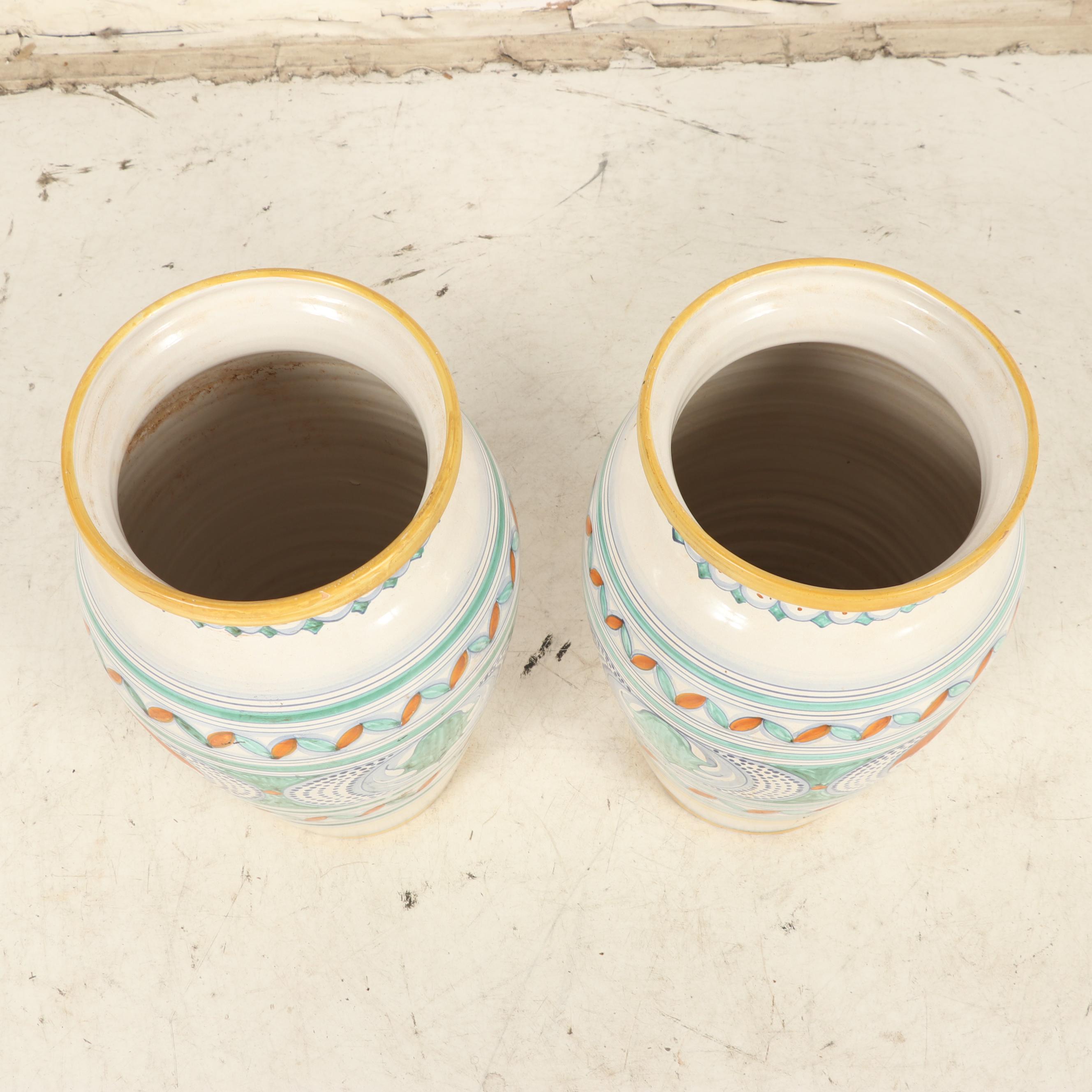 Italian L'Antica di Deruta Hand-Painted Earthenware Planter Vases