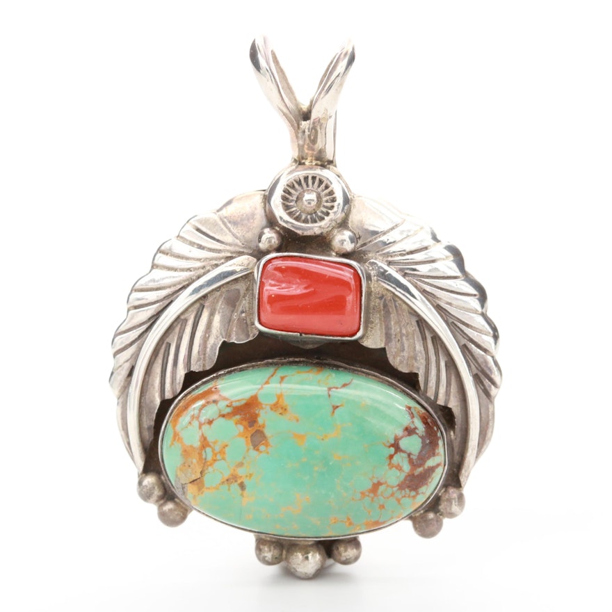 Southwestern Style Sterling Silver Turquoise and Coral Pendant