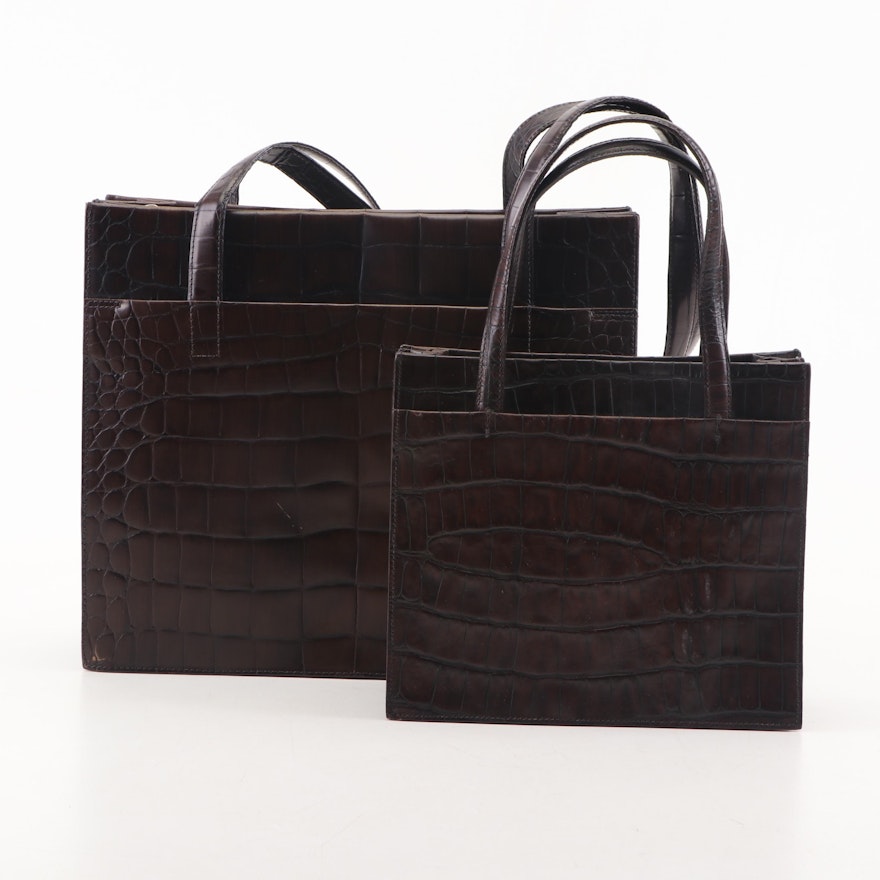 Joan and David Roma Espresso Croc Embossed Leather Handbags