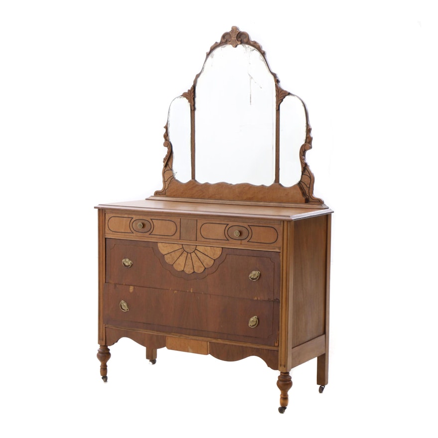 Late Victorian Walnut Chest of Drawers with Mirror, Ca. Late 19th Century