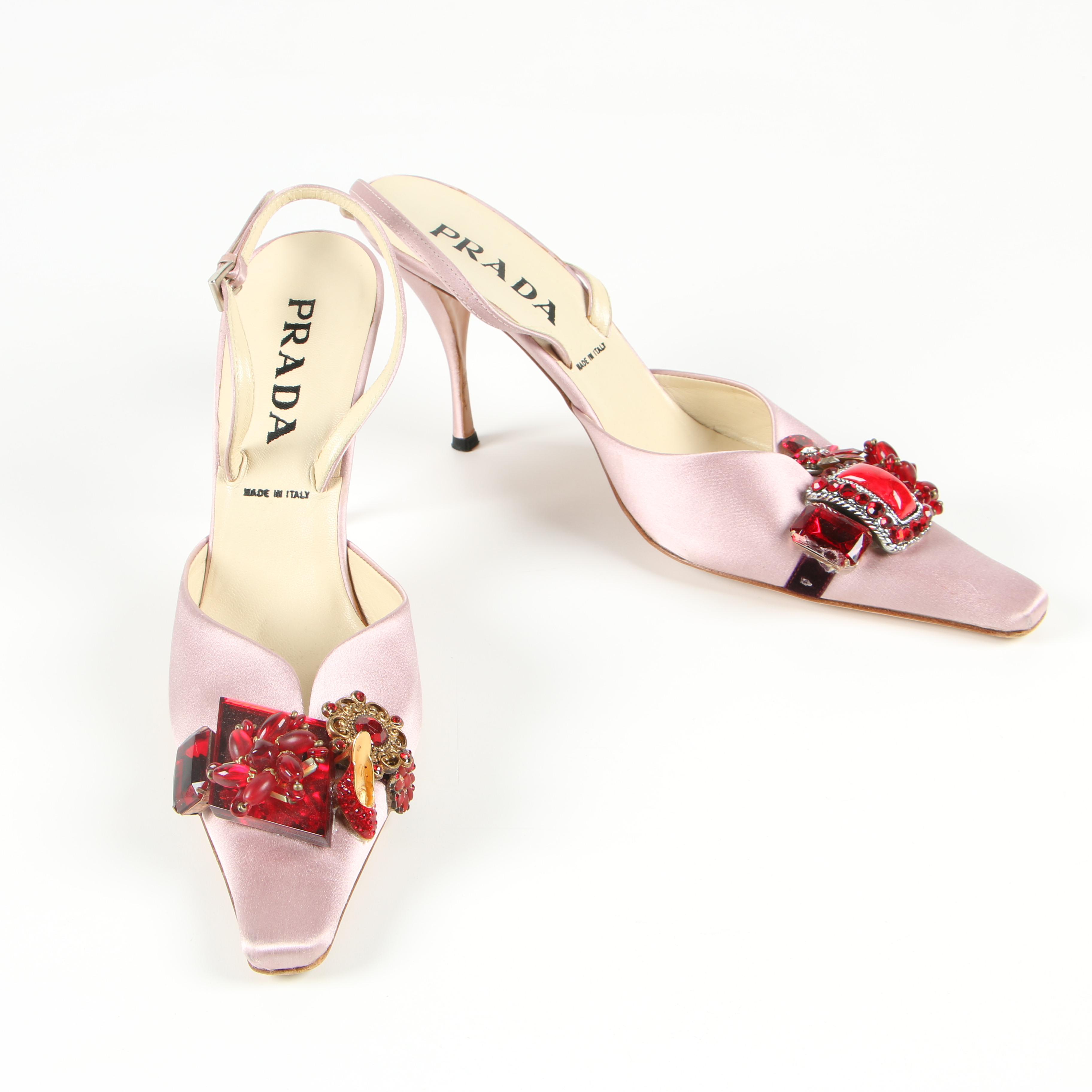 Prada Pink Satin Slingbacks with Aftermarket Embellishments