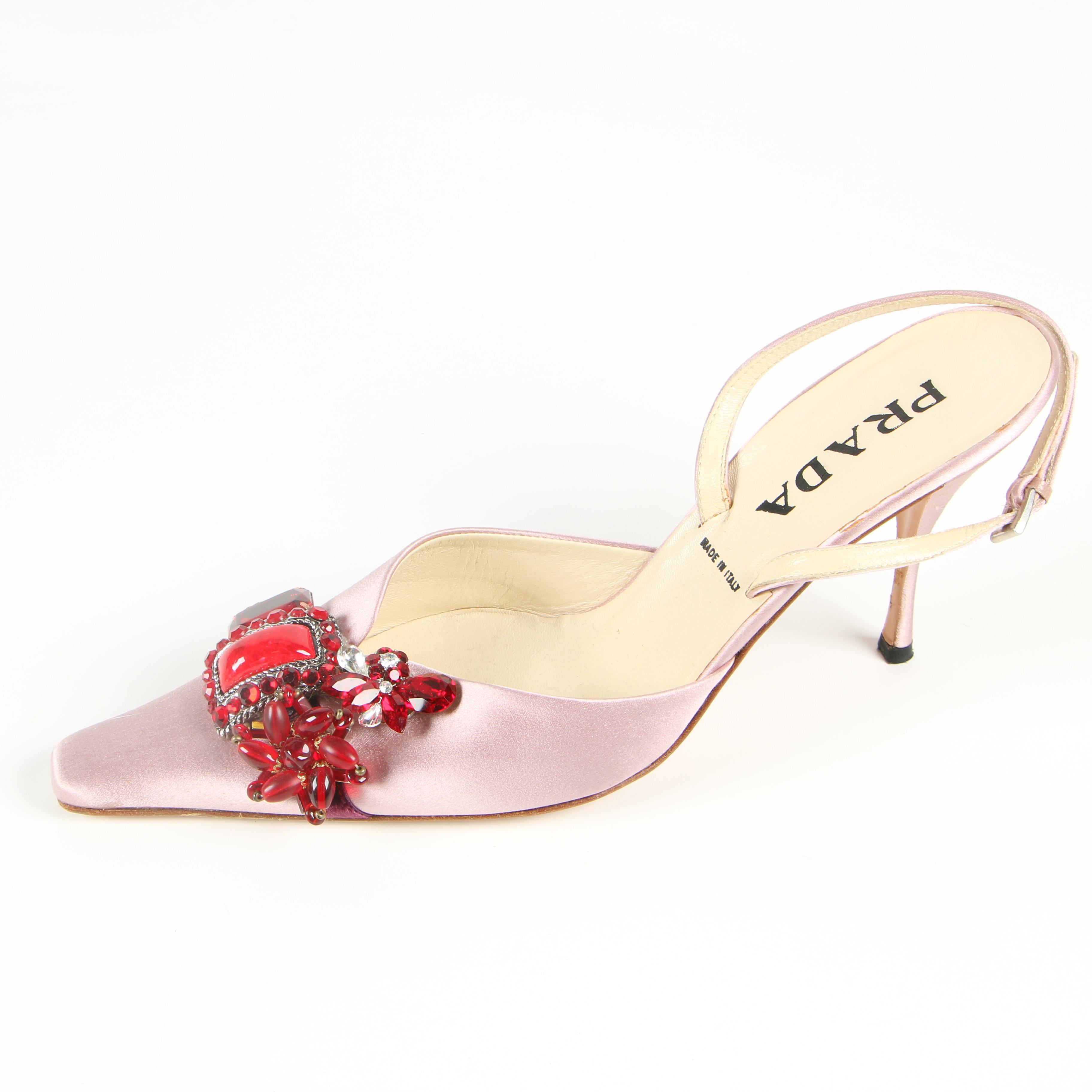 Prada Pink Satin Slingbacks with Aftermarket Embellishments
