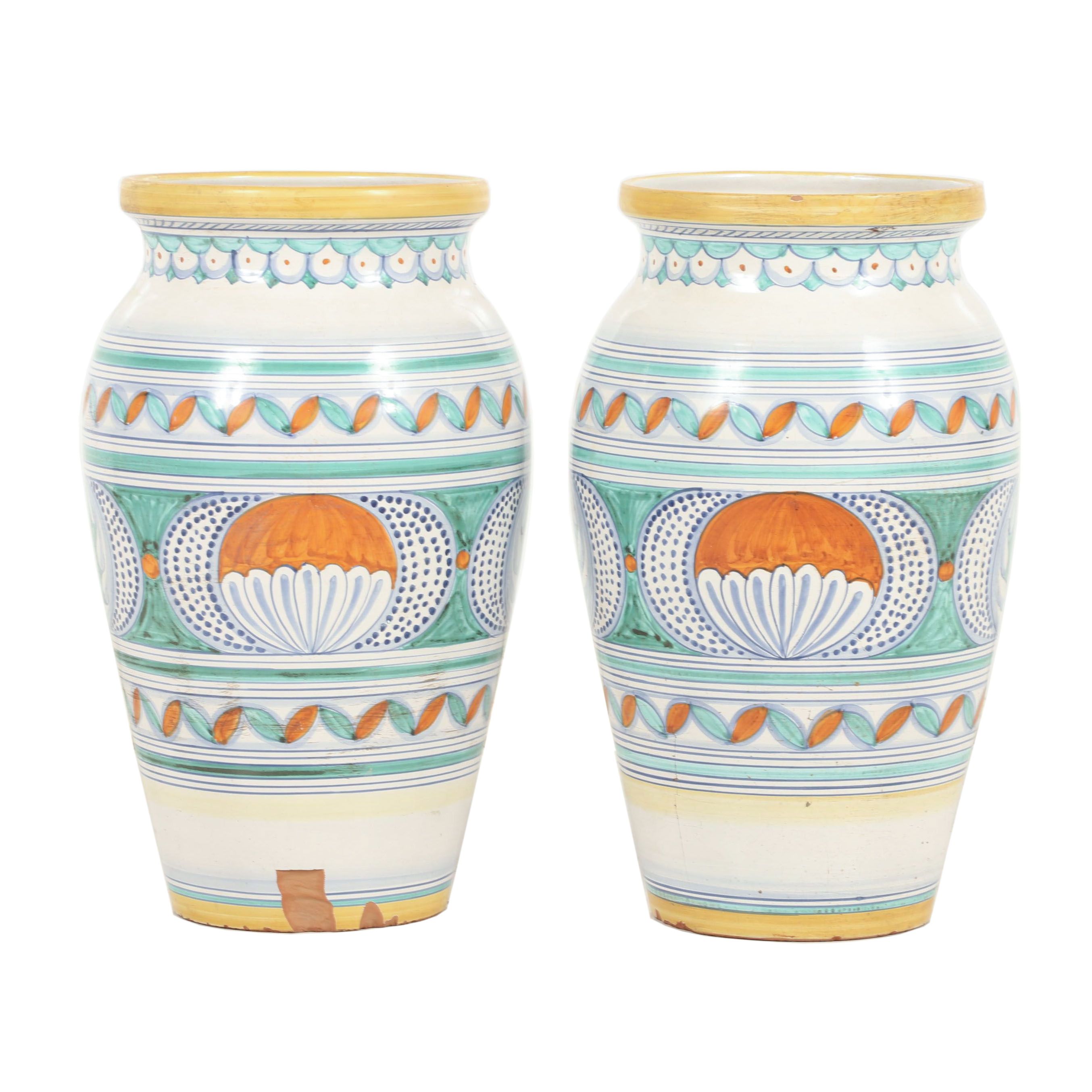 Italian L'Antica di Deruta Hand-Painted Earthenware Planter Vases