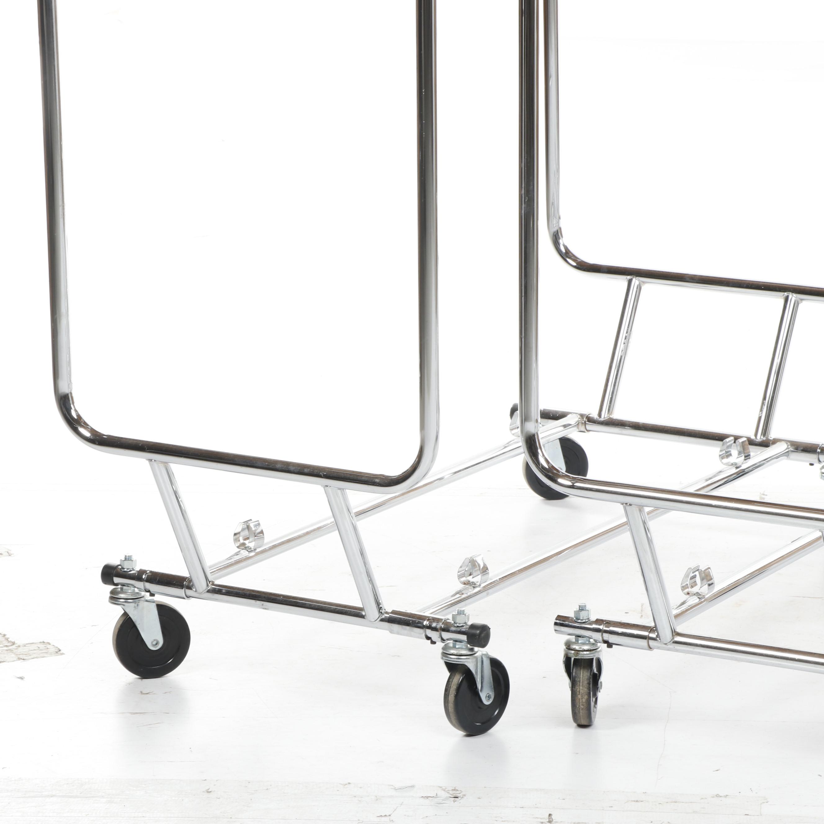 Contemporary Tubular Chrome Metal Double Clothes Rack on Casters, Set of Three