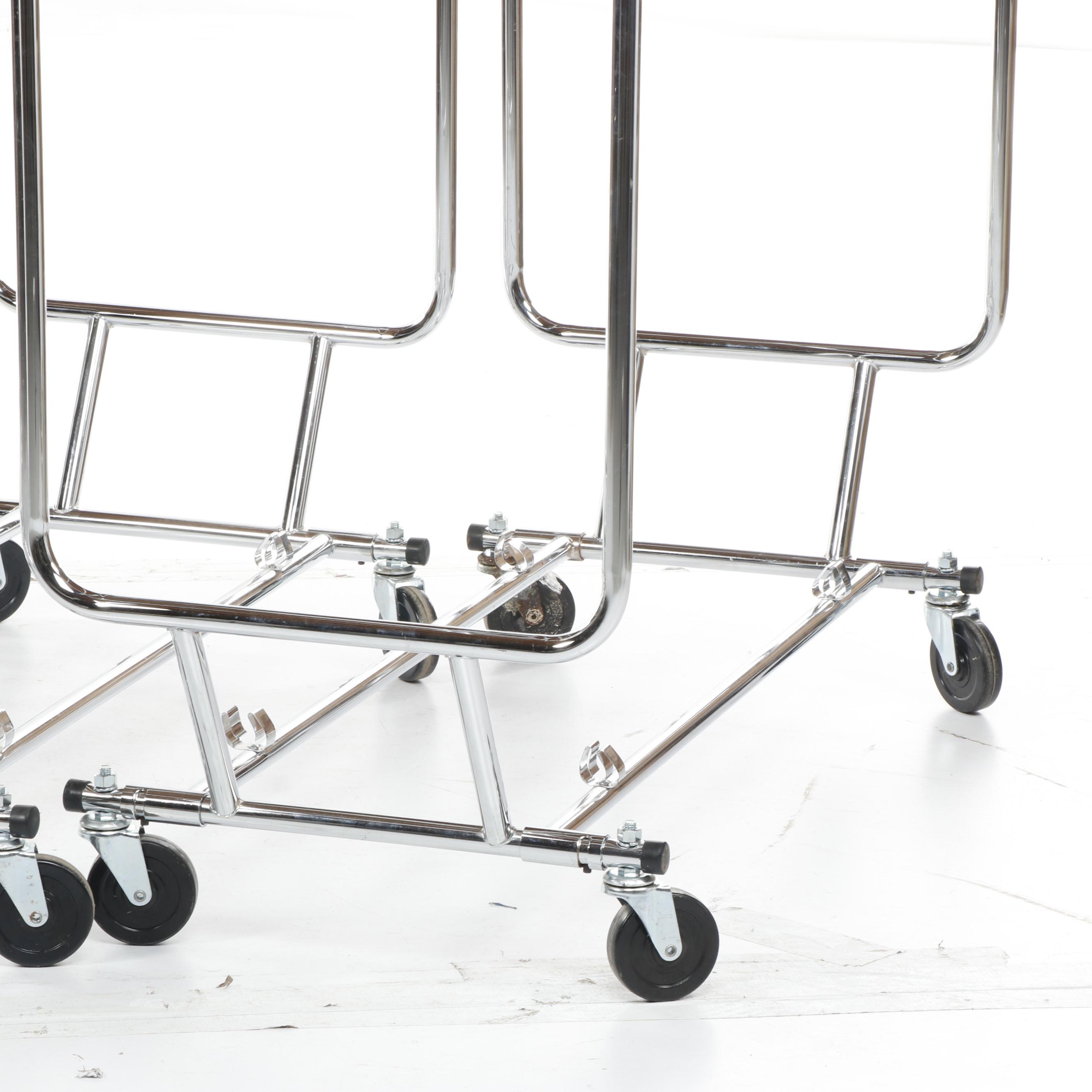 Contemporary Tubular Chrome Metal Double Clothes Rack on Casters, Set of Three