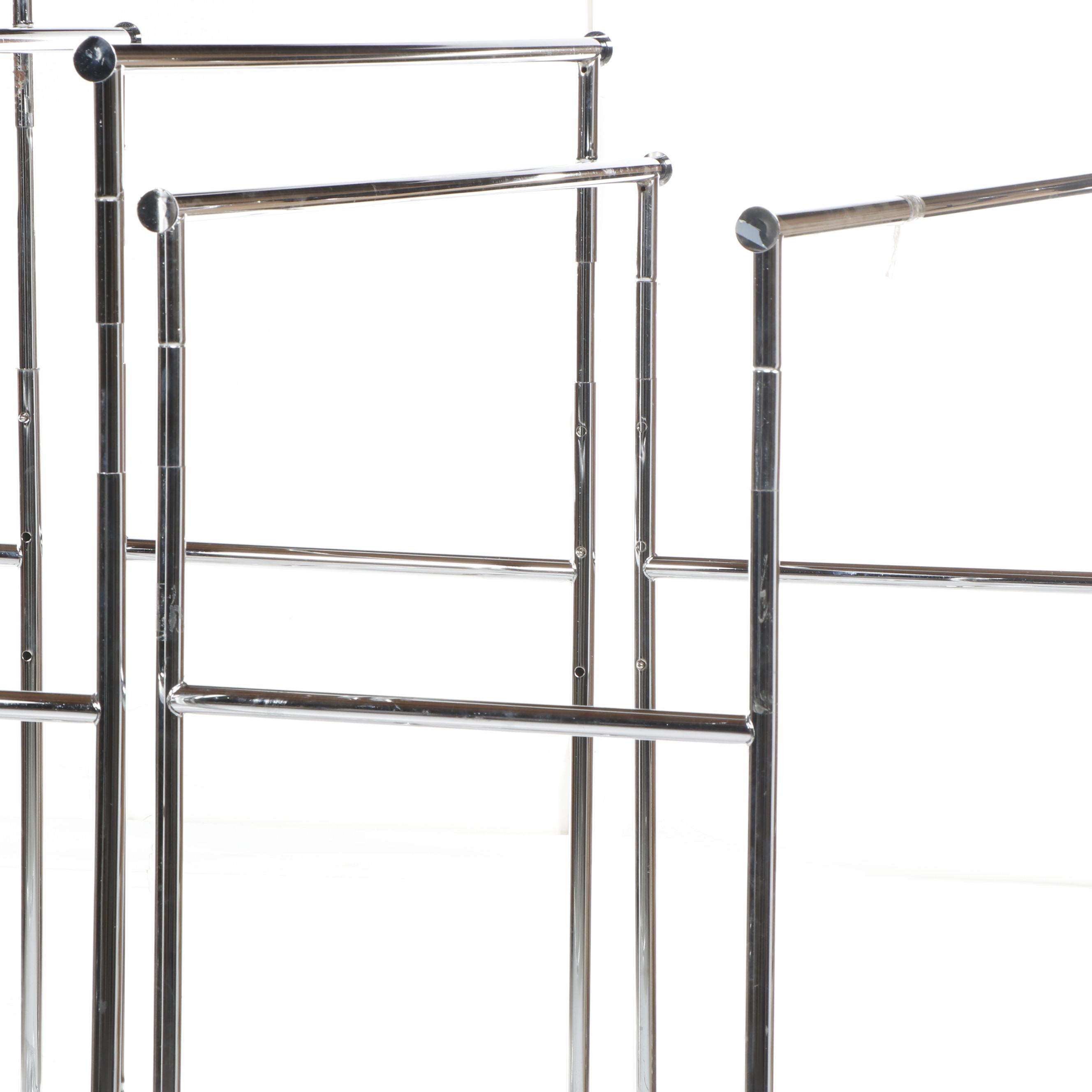 Contemporary Tubular Chrome Metal Double Clothes Rack on Casters, Set of Three