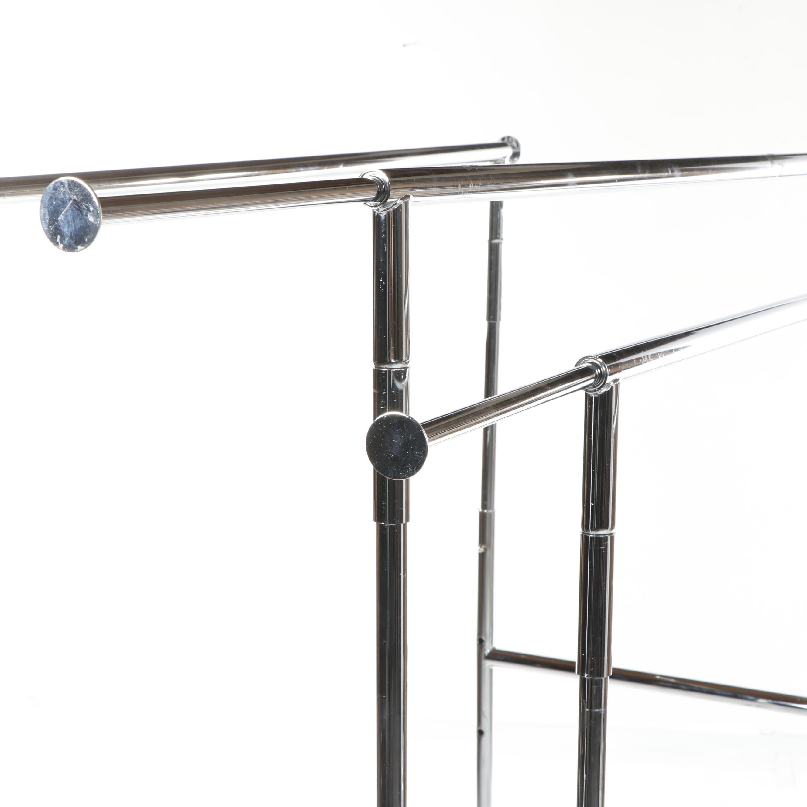 Contemporary Tubular Chrome Metal Double Clothes Rack on Casters, Set of Three