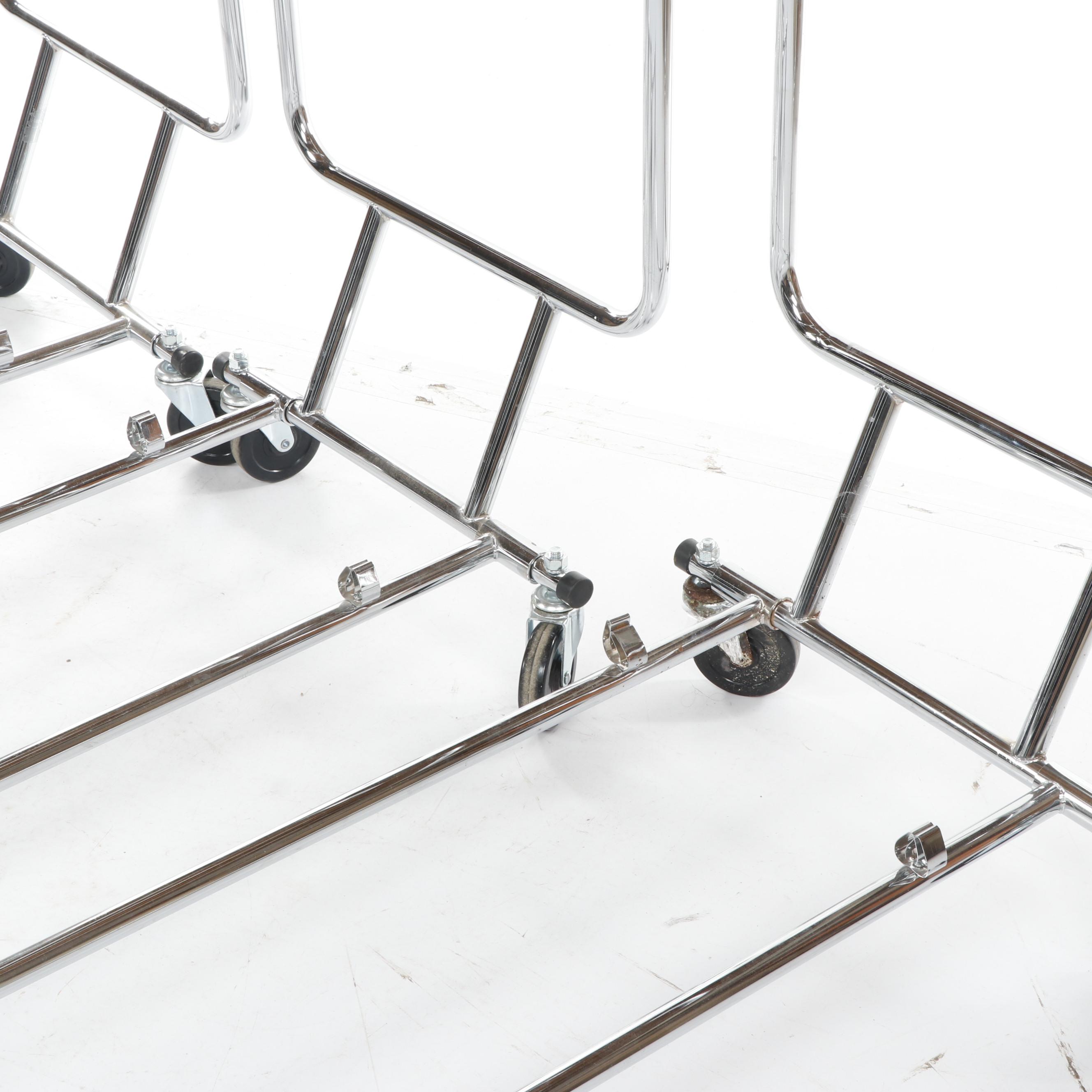 Contemporary Tubular Chrome Metal Double Clothes Rack on Casters, Set of Three