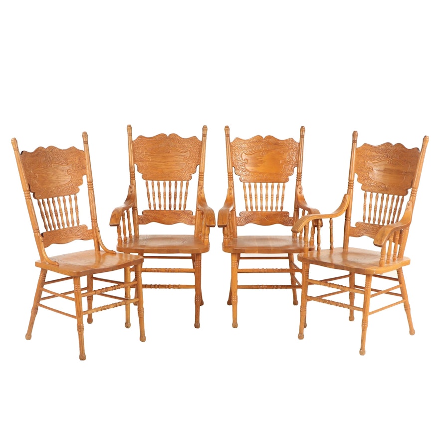 Four Golden Oak Chairs with Pressed Backs, Late 20th Century
