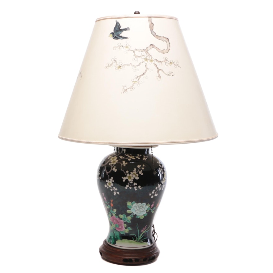 Chinese Famille Noire Porcelain Ginger Jar Table Lamp with Painted Shade