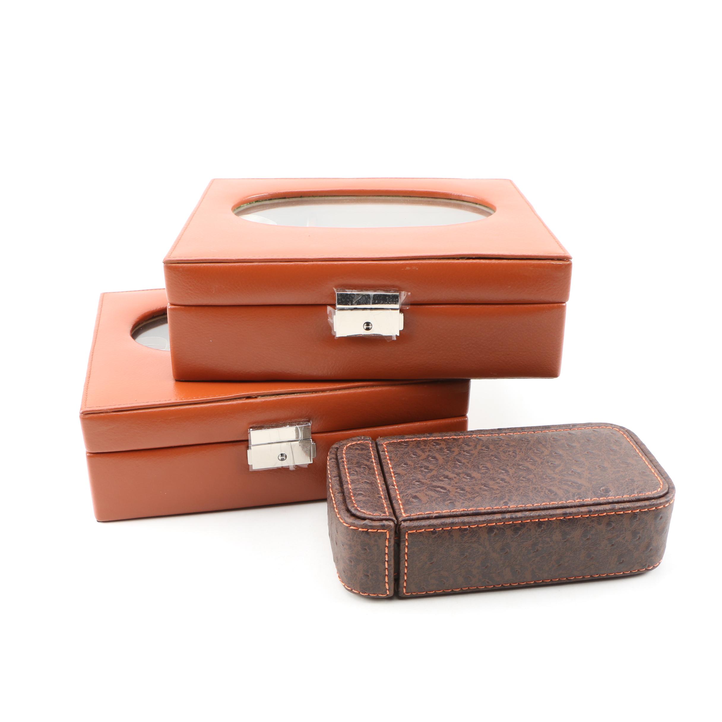 Cognac Leather Jewelry Boxes and Ostrich Embossed Leather Watch Case