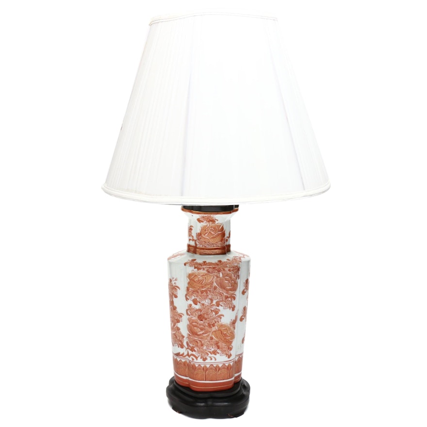 Chinese Porcelain Converted Longevity Pattern Table Lamp with Wood Base