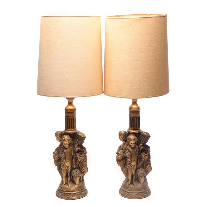 Baroque Style Gold Painted Antiqued Plaster Lamps with Putti, Mid to Late 20th C