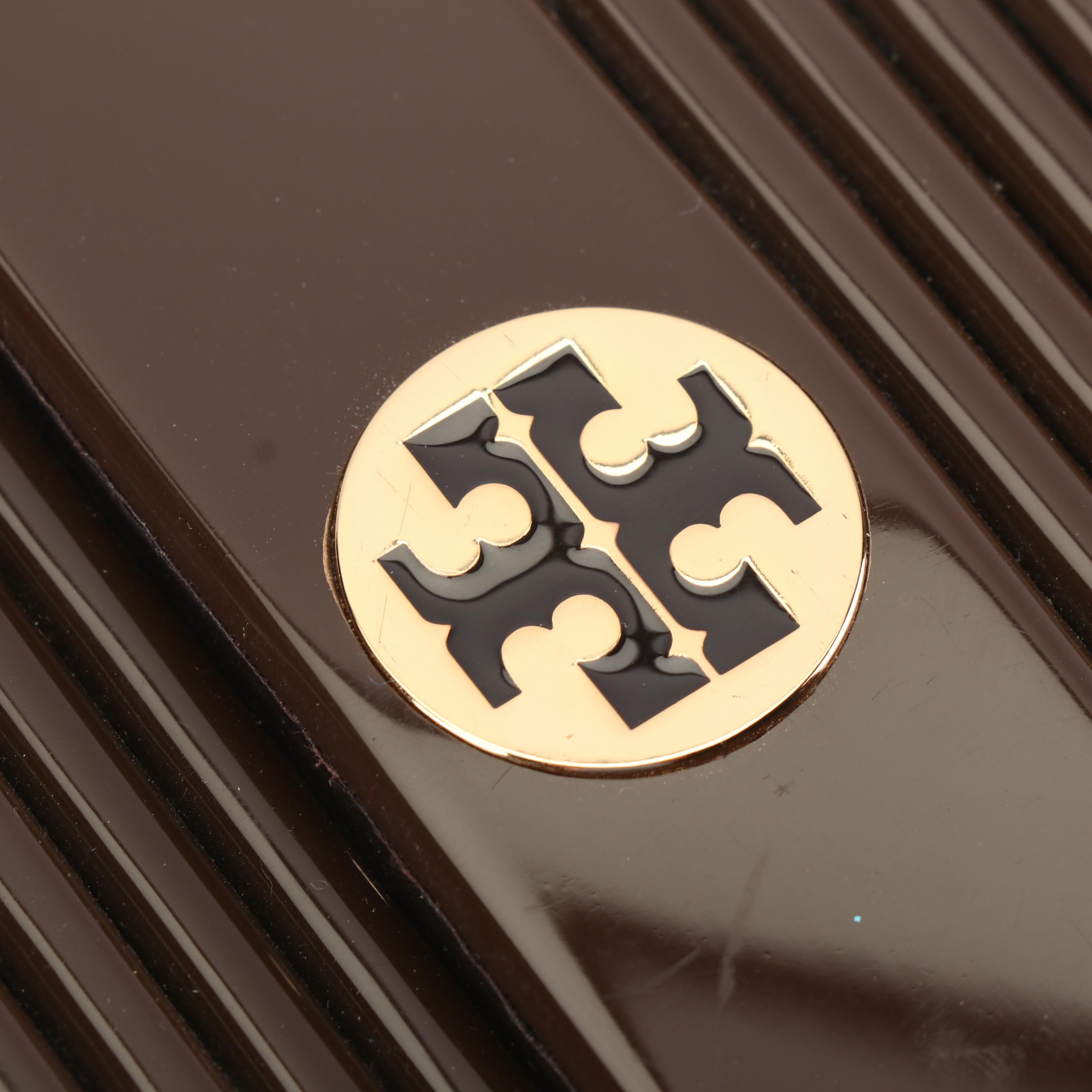 Tory Burch Brown Ribbed Hard Plastic and Leather Clutch