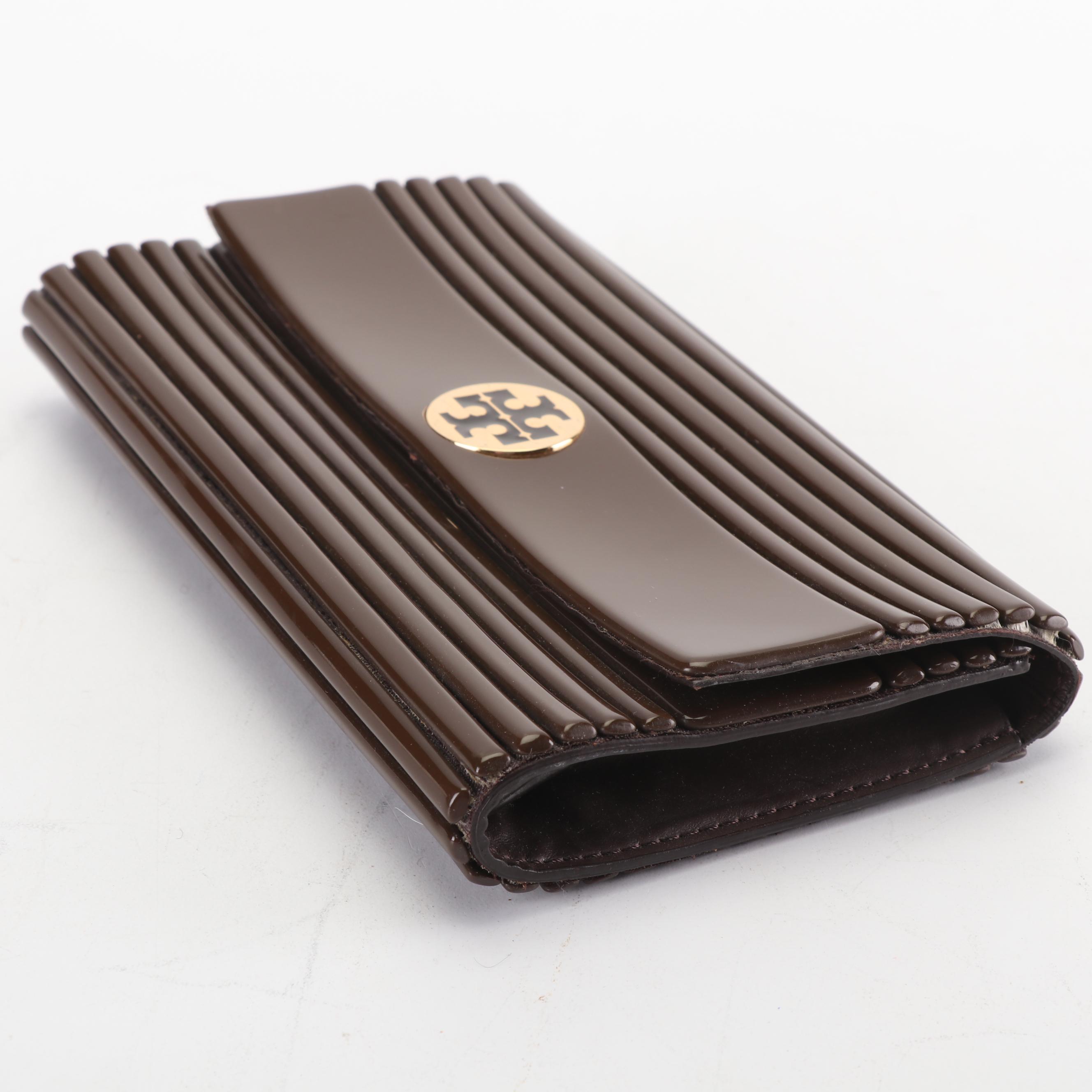 Tory Burch Brown Ribbed Hard Plastic and Leather Clutch