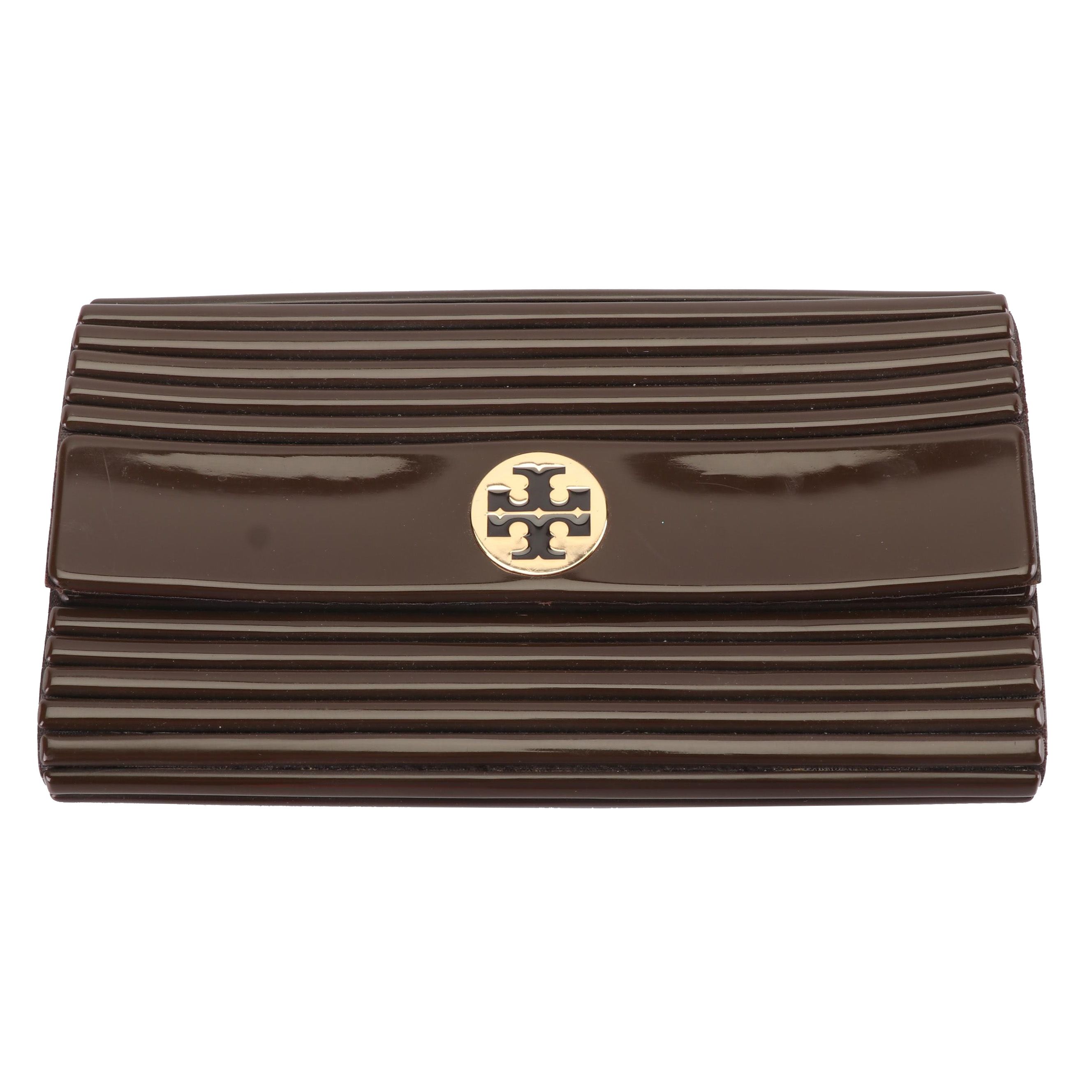 Tory Burch Brown Ribbed Hard Plastic and Leather Clutch