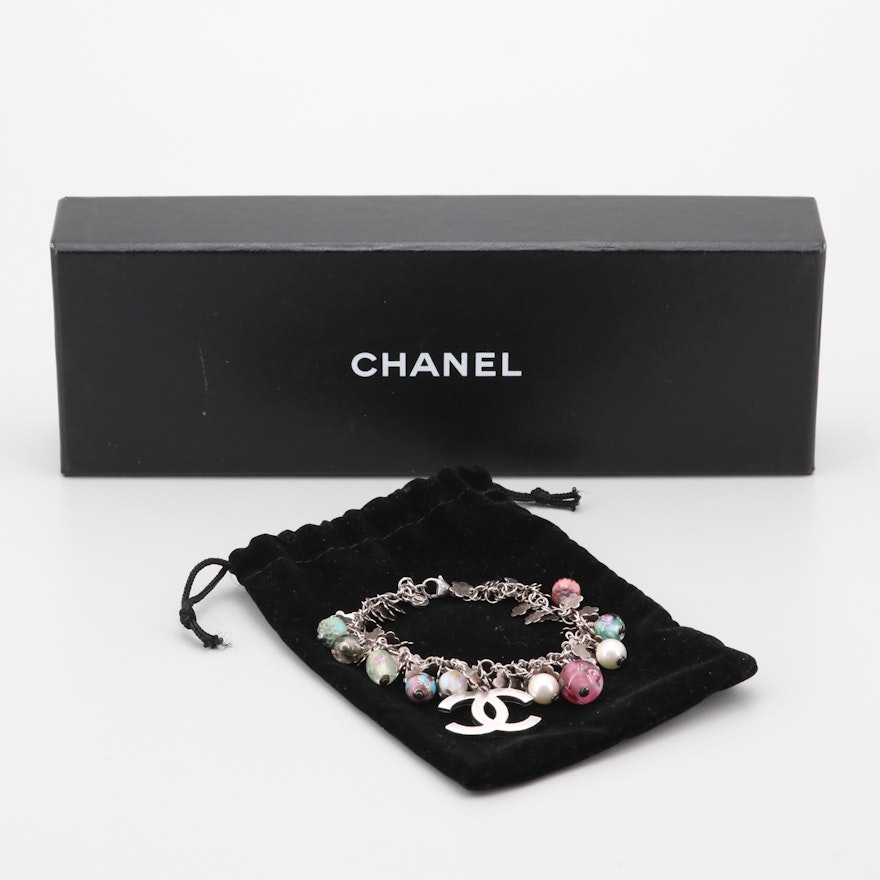 Chanel Silver Tone Art Glass Charm Bracelet