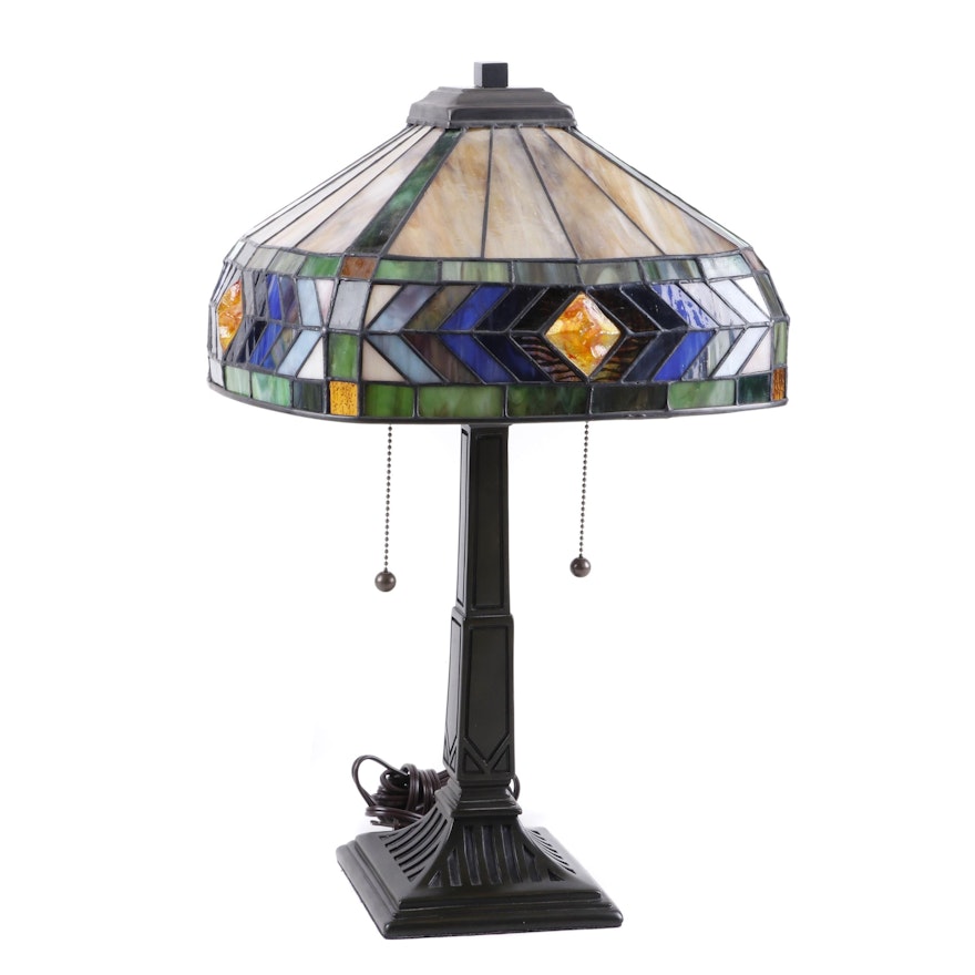 Quoizel Cast Metal Table Lamp with Slag Glass Shade