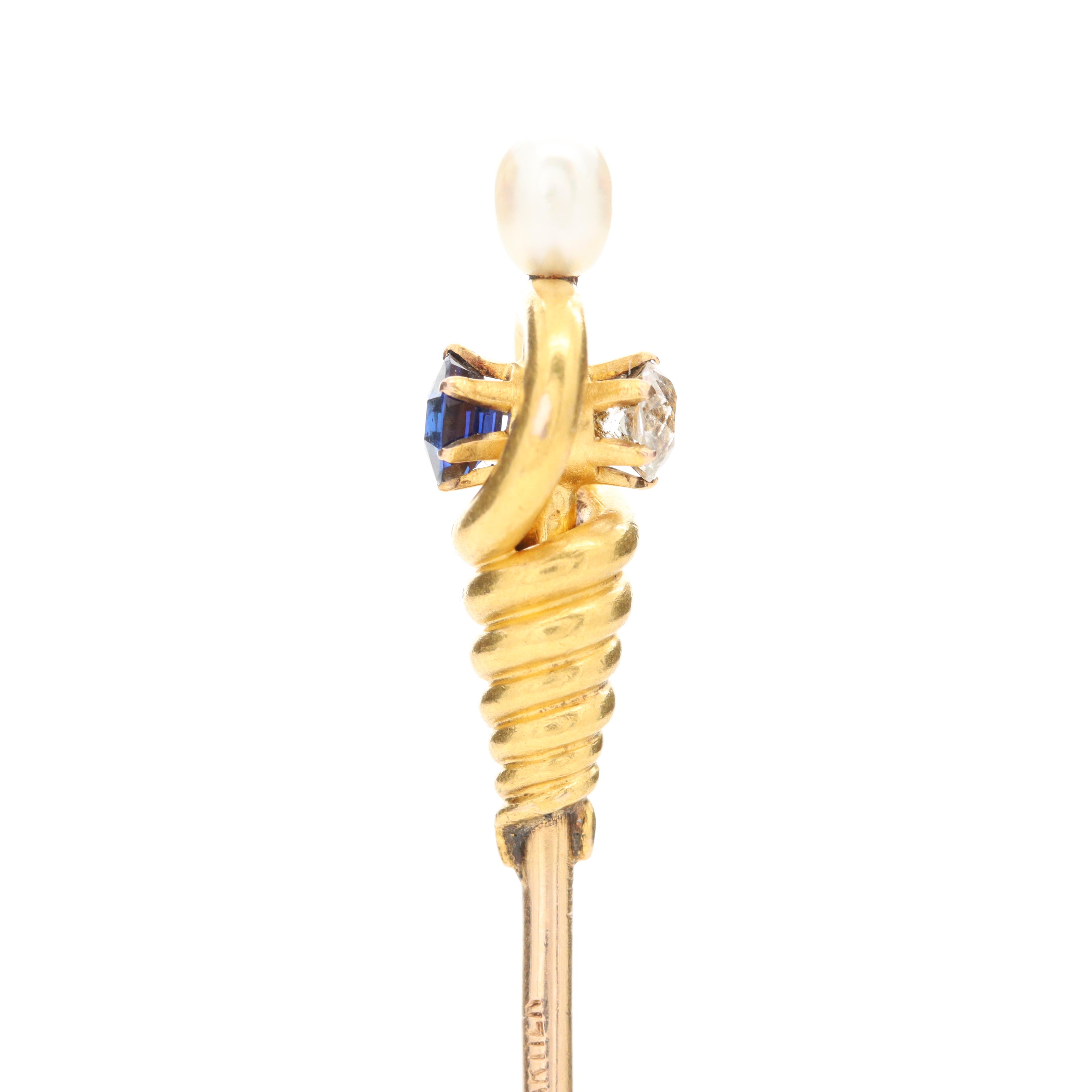 Belle Époque Cartier 18K Diamond, Blue Sapphire and Cultured Pearl Stick Pin