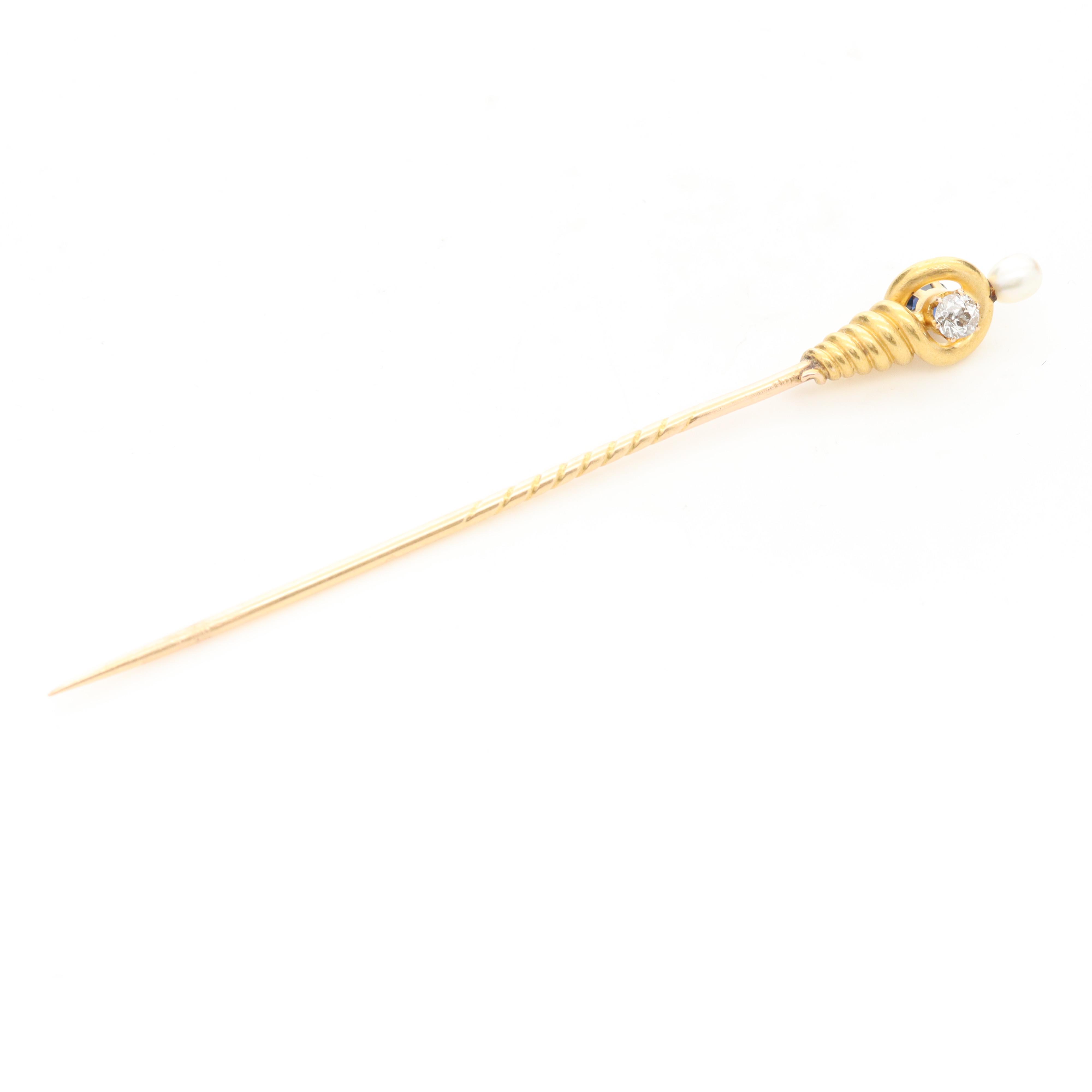Belle Époque Cartier 18K Diamond, Blue Sapphire and Cultured Pearl Stick Pin