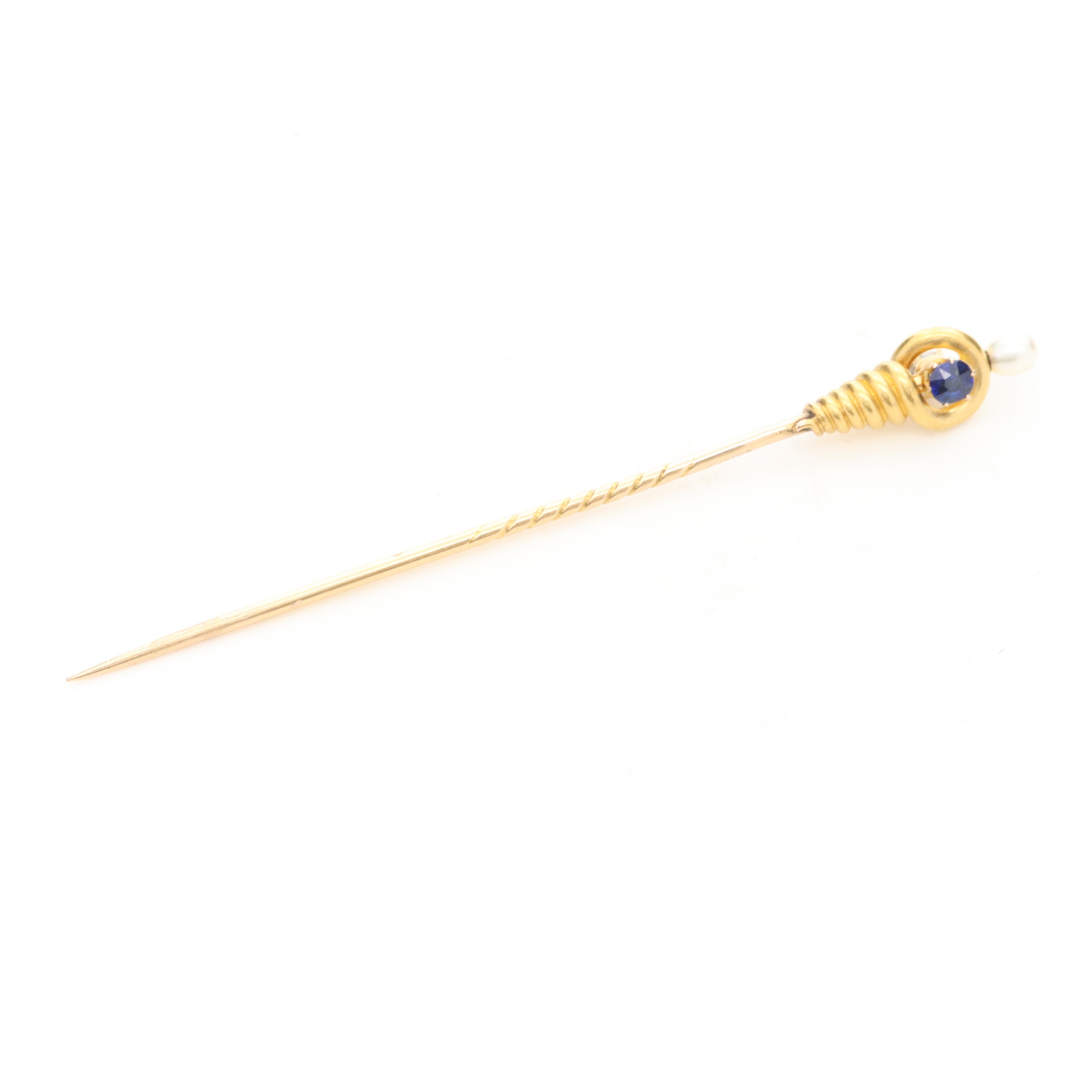 Belle Époque Cartier 18K Diamond, Blue Sapphire and Cultured Pearl Stick Pin