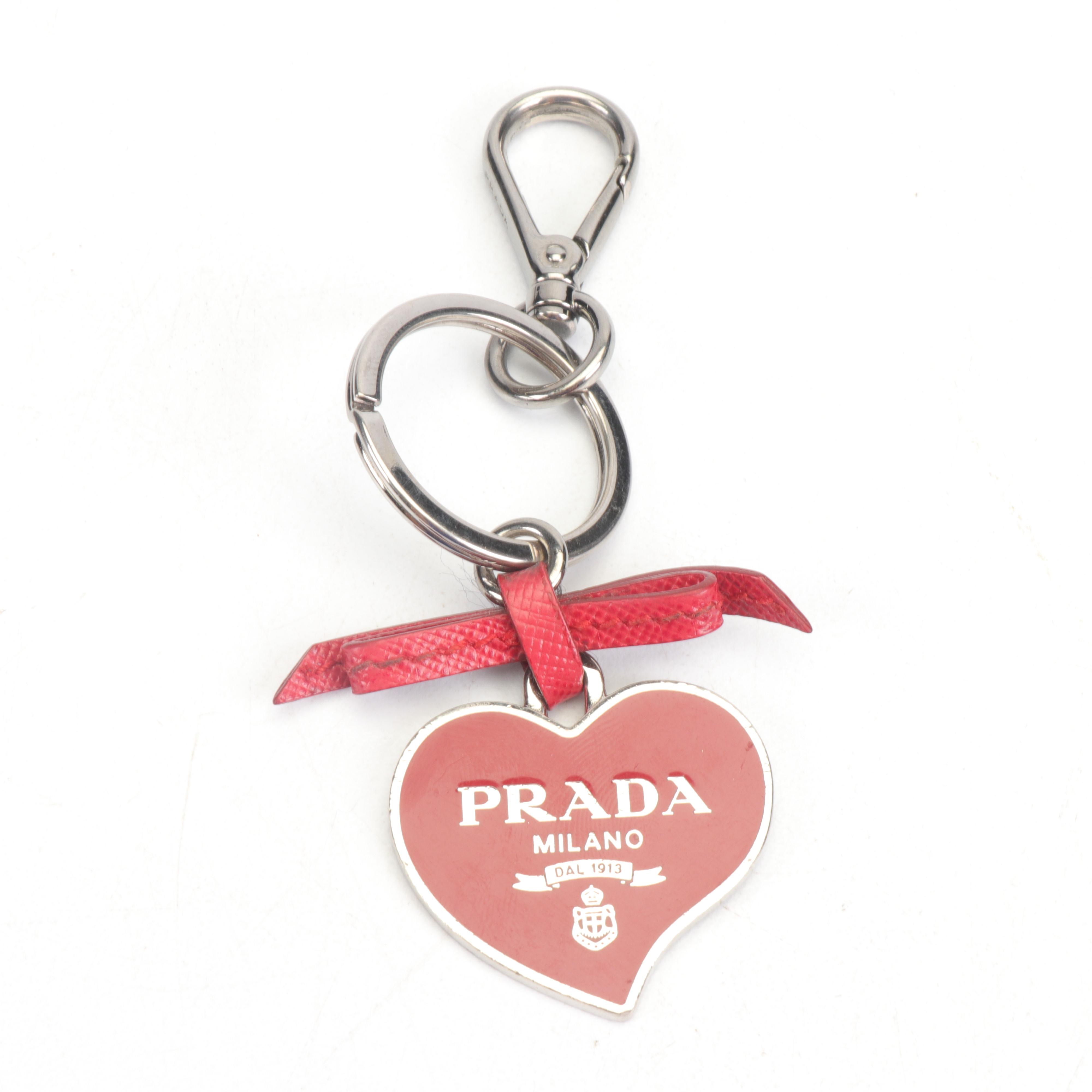 Prada Milano Red Enameled and Leather Heart Key Ring Charm