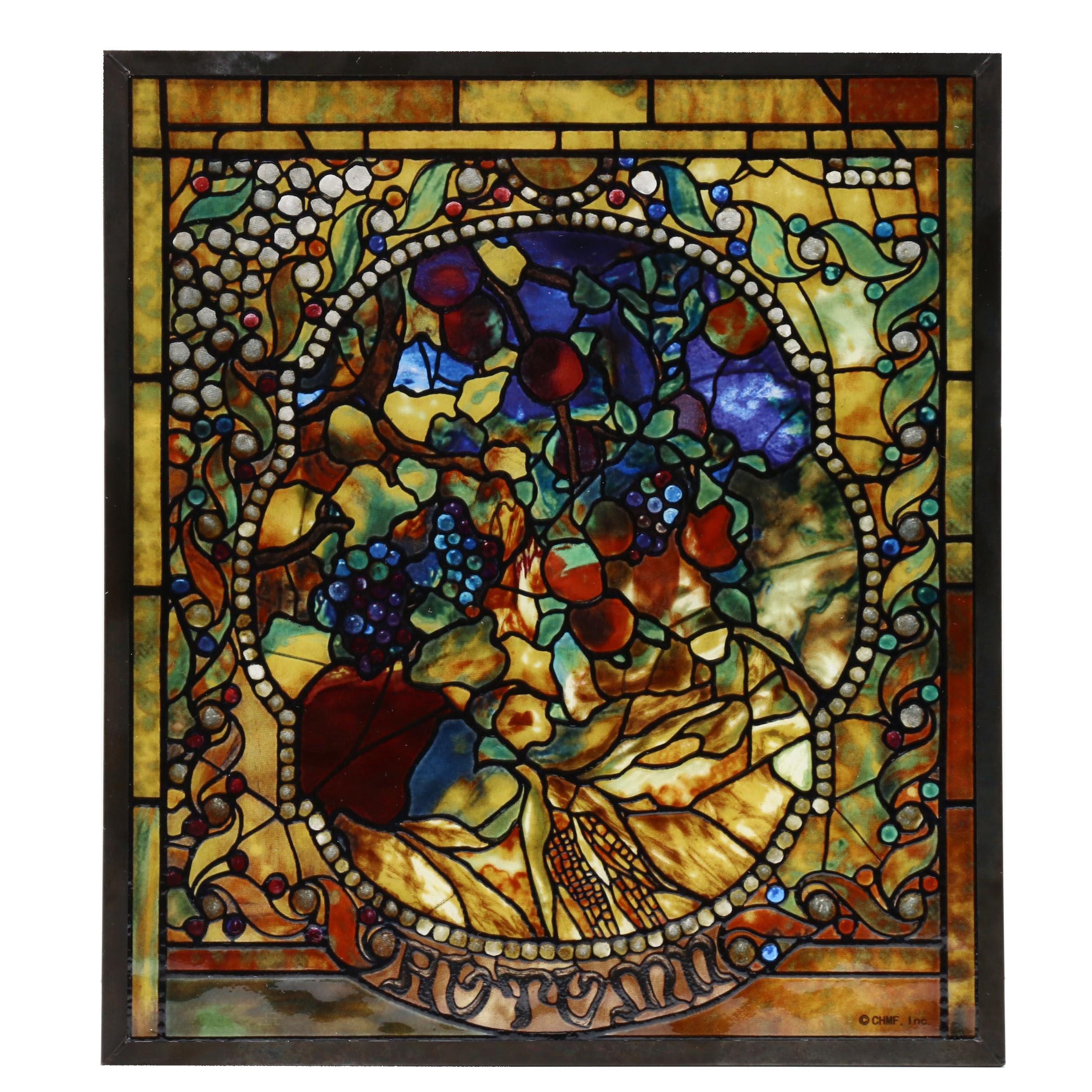 "Autumn" Painted Glass Hanging Panel After Tiffany Studios