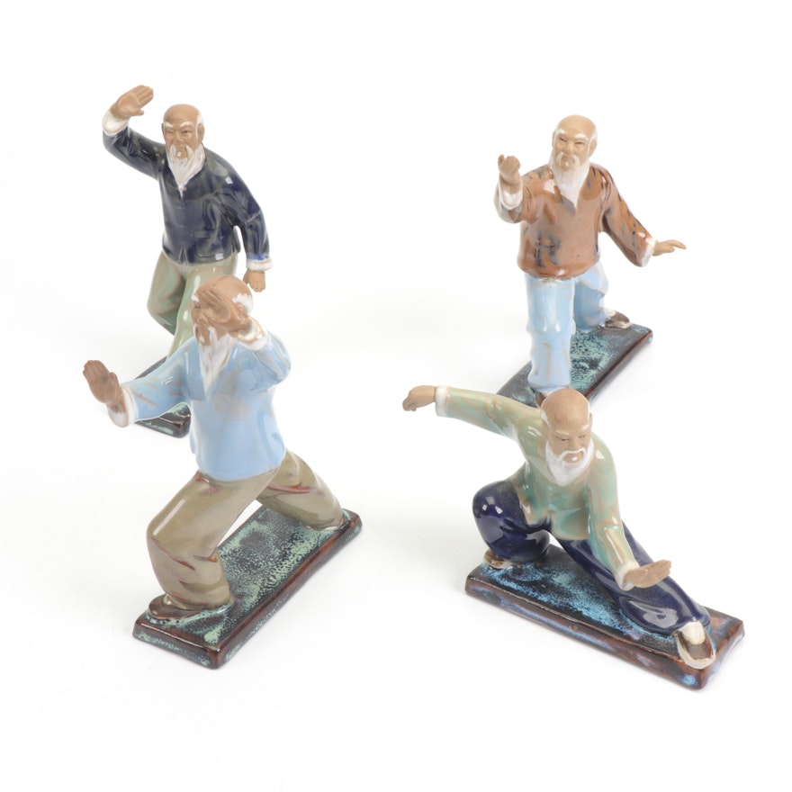 Chinese Shiwan Clay Figurines Practicing Tai Chi