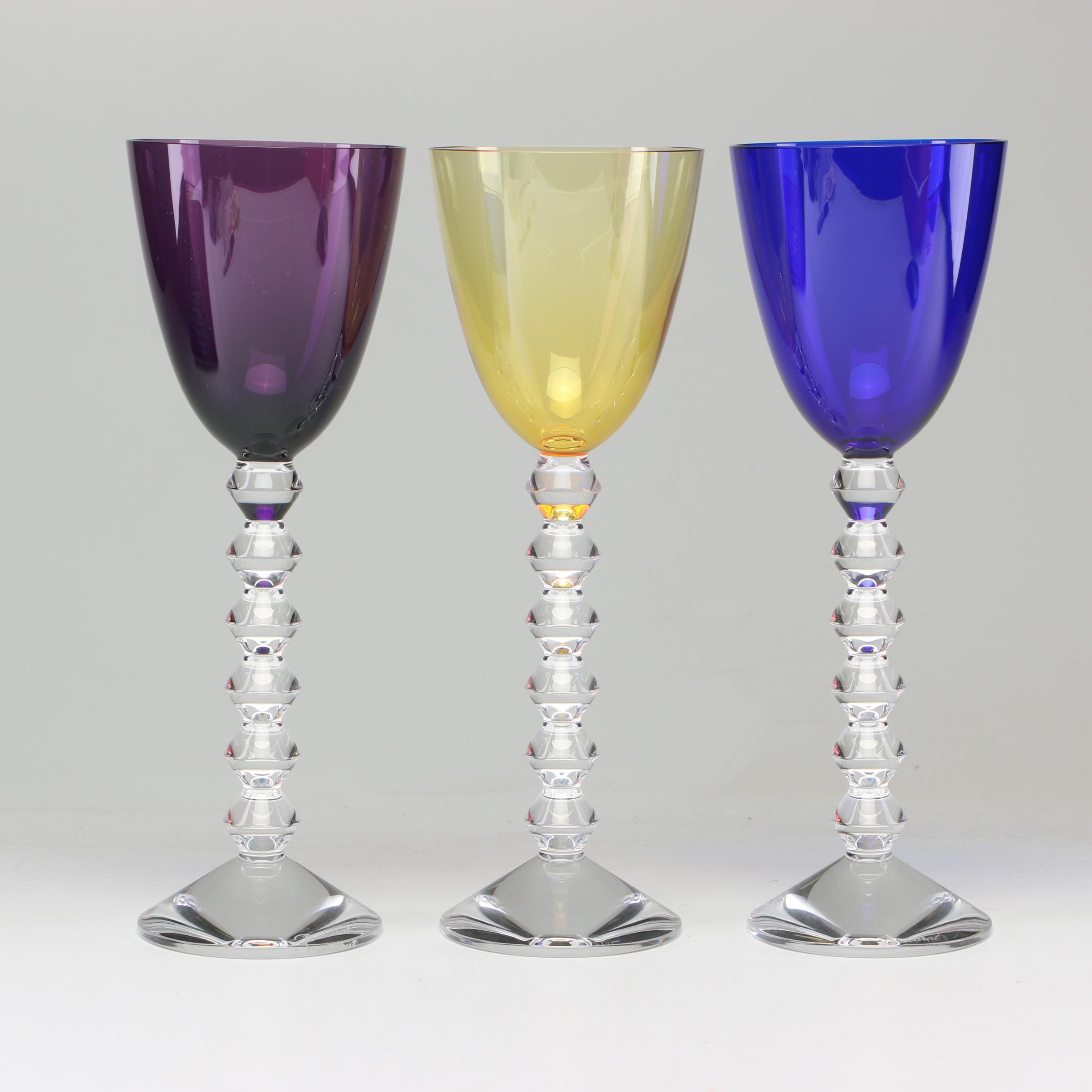 Baccarat "Vega" Amethyst, Topaz and Sapphire-Colored Crystal Rhine Wine Glasses