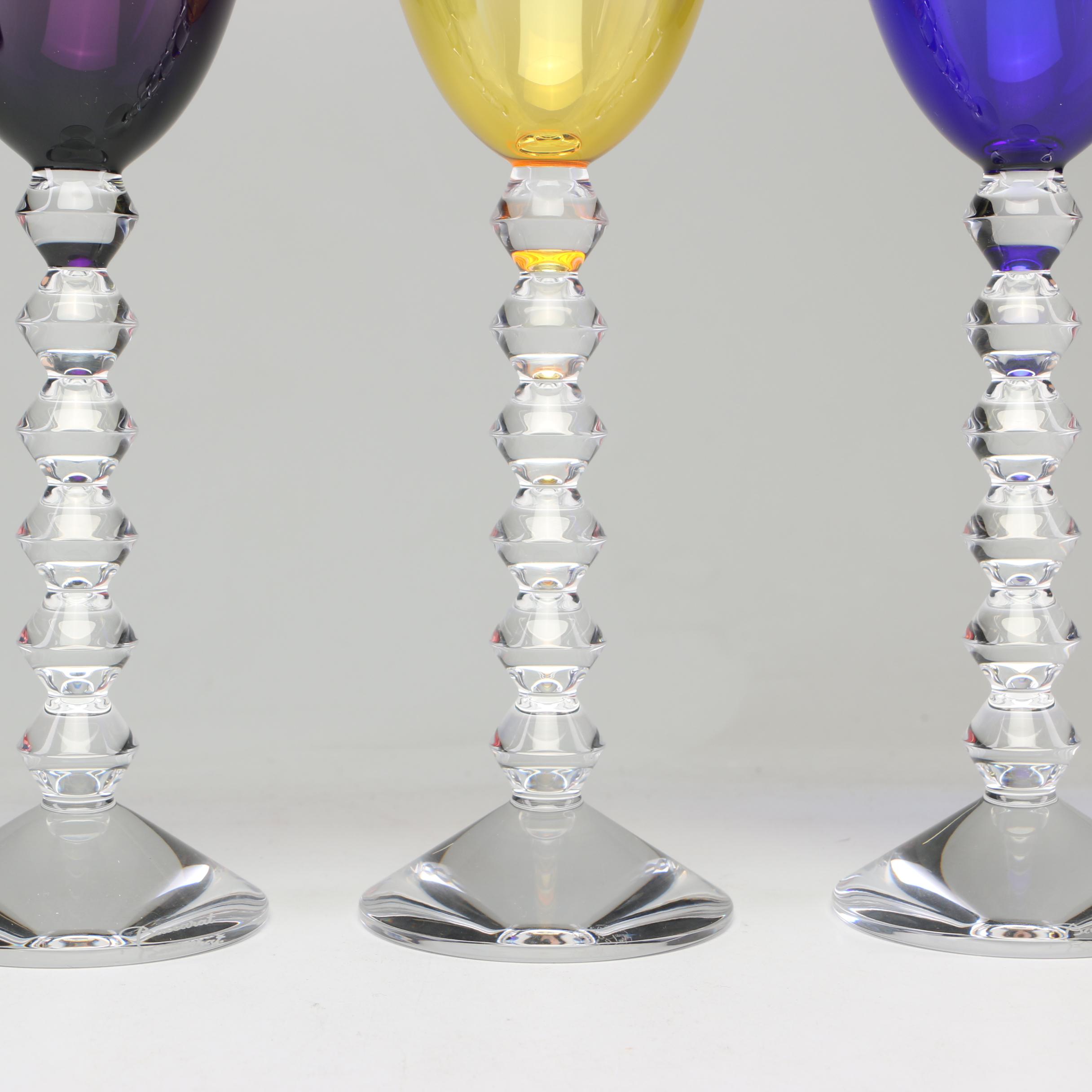 Baccarat "Vega" Amethyst, Topaz and Sapphire-Colored Crystal Rhine Wine Glasses