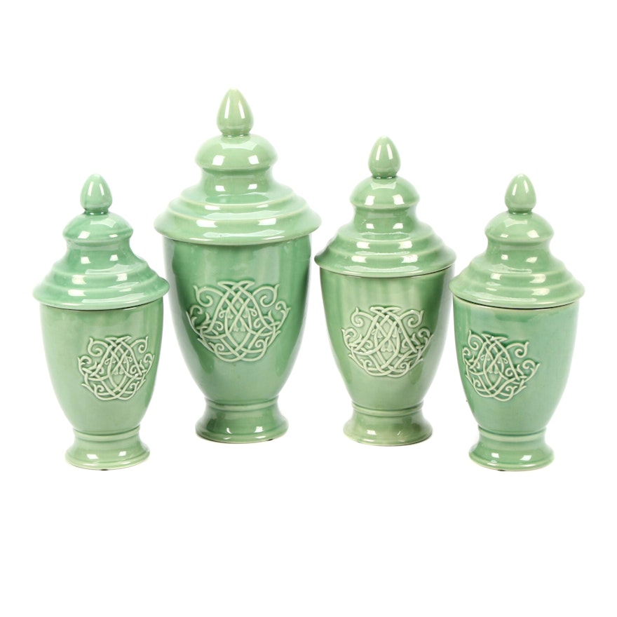 Green Lidded Ceramic Jars, Set of Four
