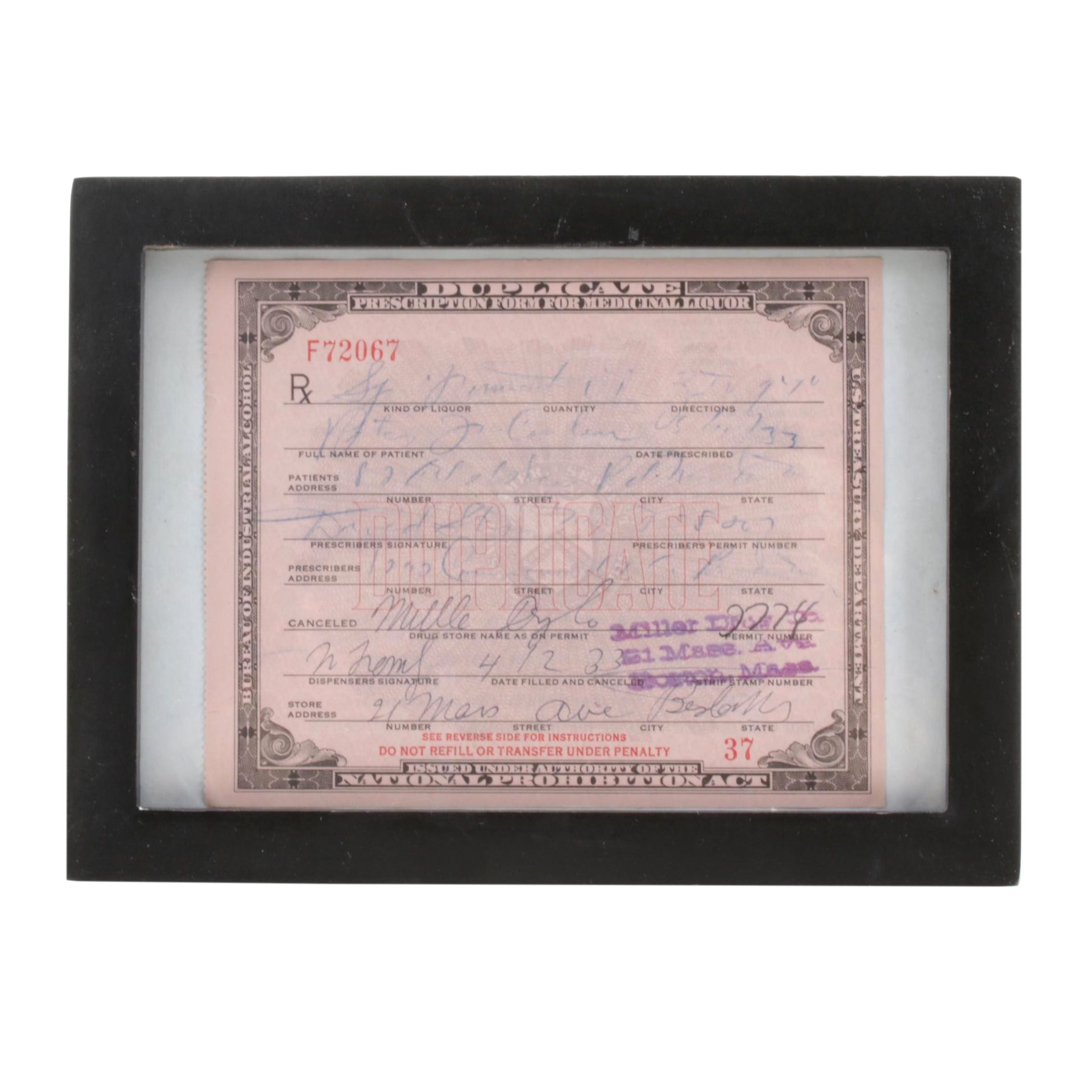 Prohibition Era 1933 Prescription Form for Medicinal Liquor