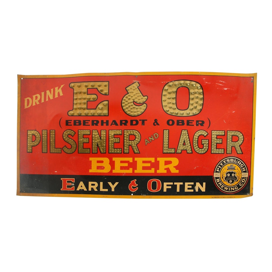 Vintage Pittsburgh Brewing Co. Eberhardt & Ober Embossed Tin Lithograph Sign
