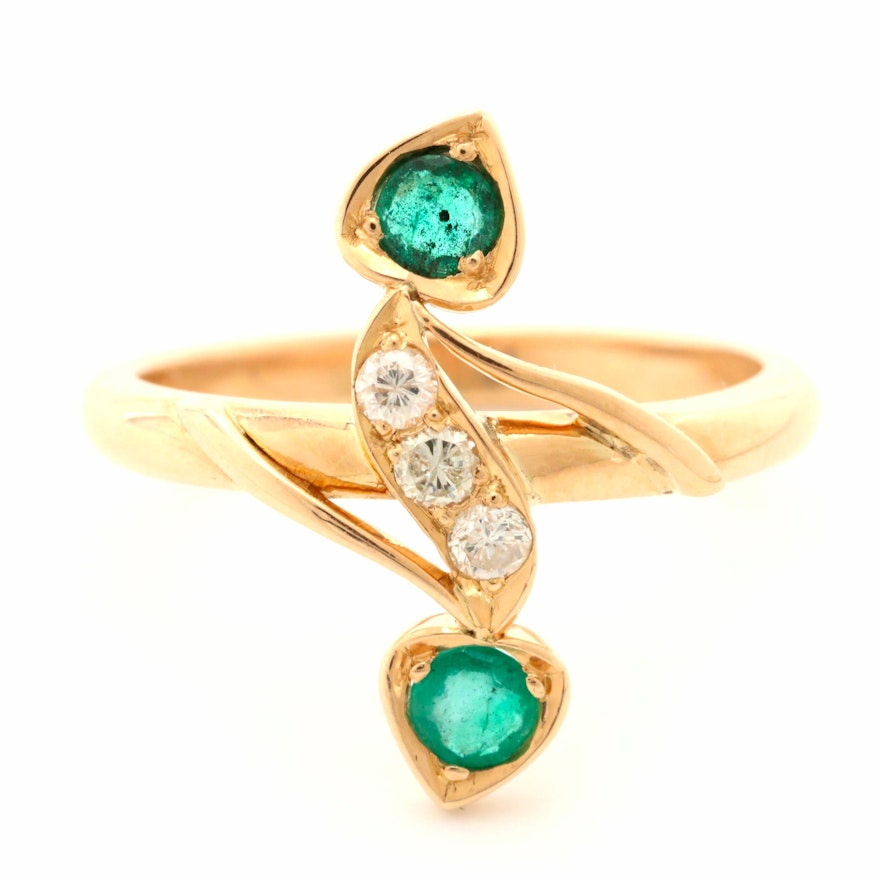 18K Yellow Gold Emerald and Diamond Bypass Ring