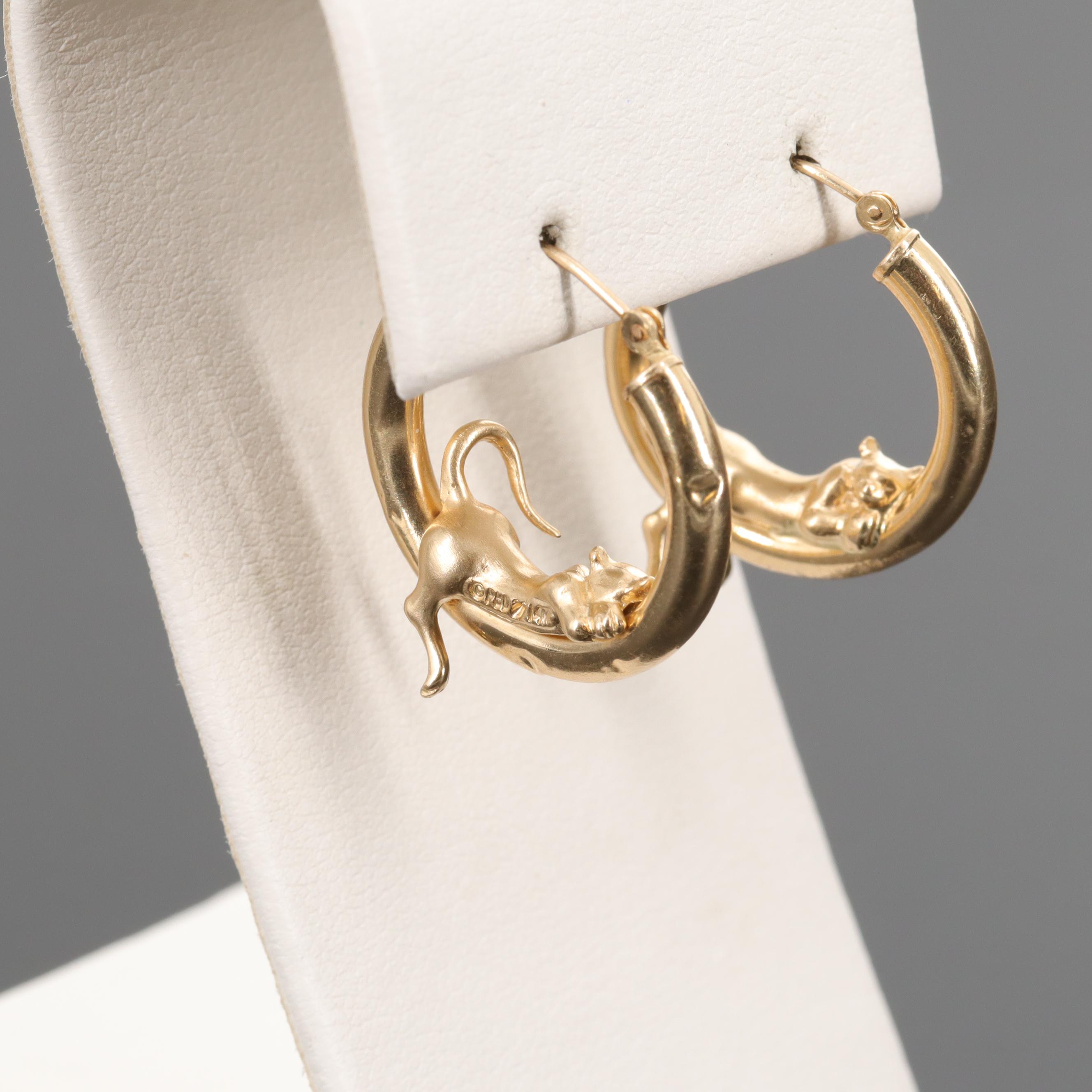Peter Brams Designs 14K Yellow Gold Cat Hoop Earrings