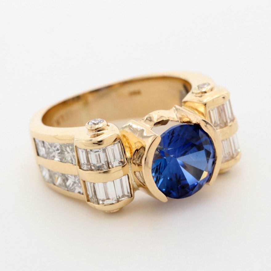 H & T Goldman 14K Yellow Gold Sapphire and 2.21 CTW Diamond Ring