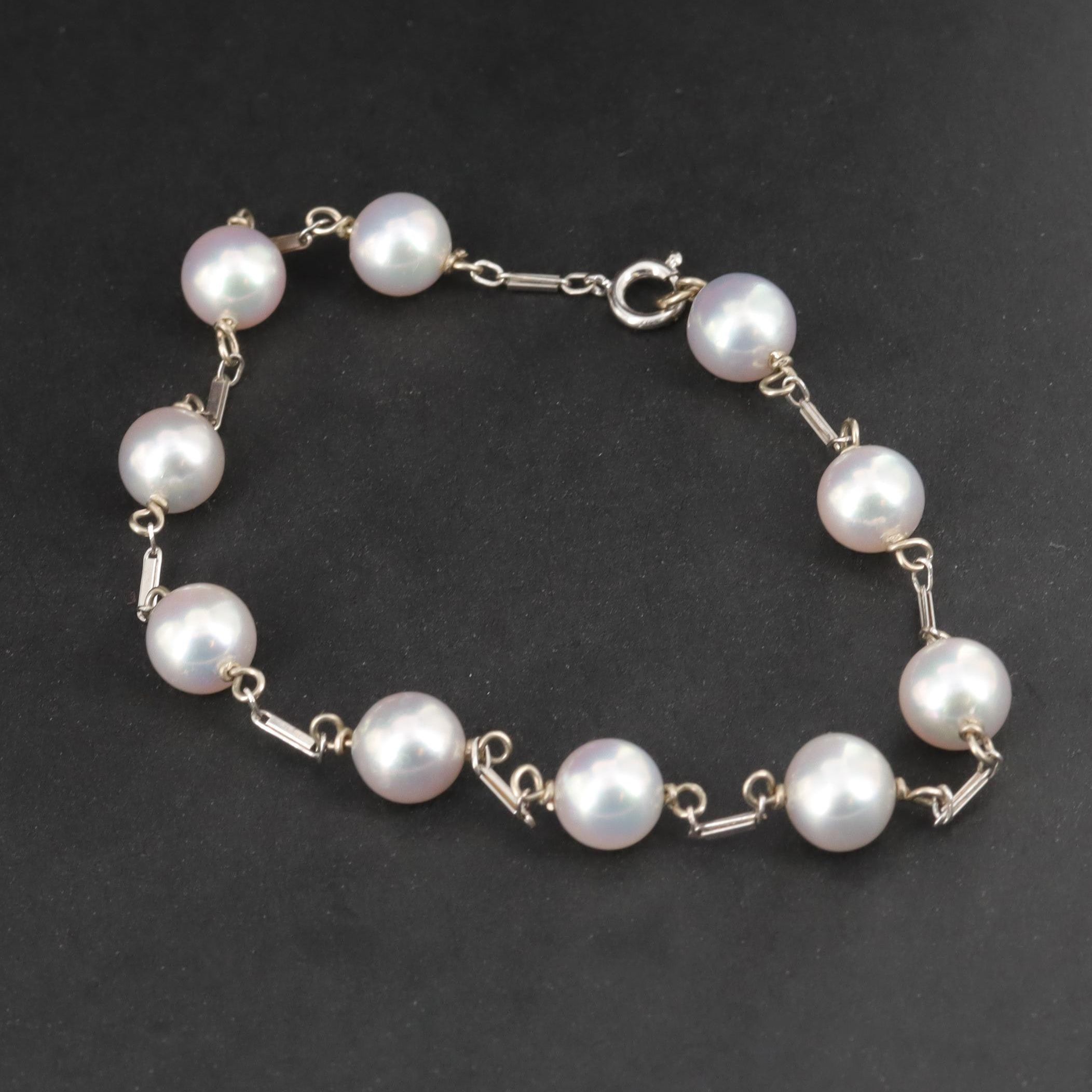 14K White Gold Cultured Pearl Station Bracelet