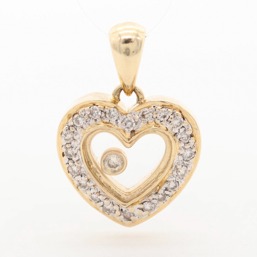 14K Yellow Gold Floating Diamond Floating Heart Pendant