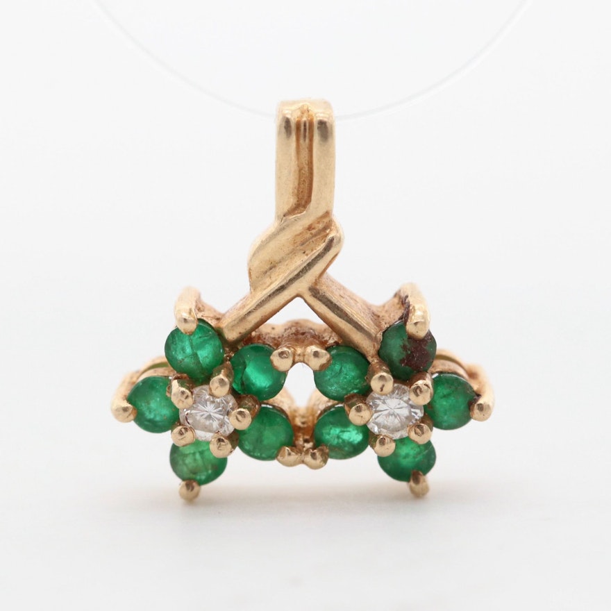 14K Yellow Gold Emerald and Diamond Floral Pendant