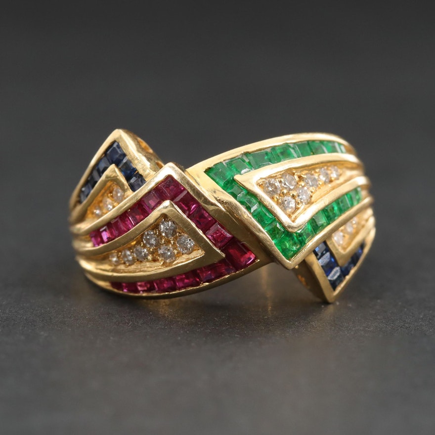 18K Yellow Gold Ring with Emerald, Ruby, Sapphire and Diamond Ring