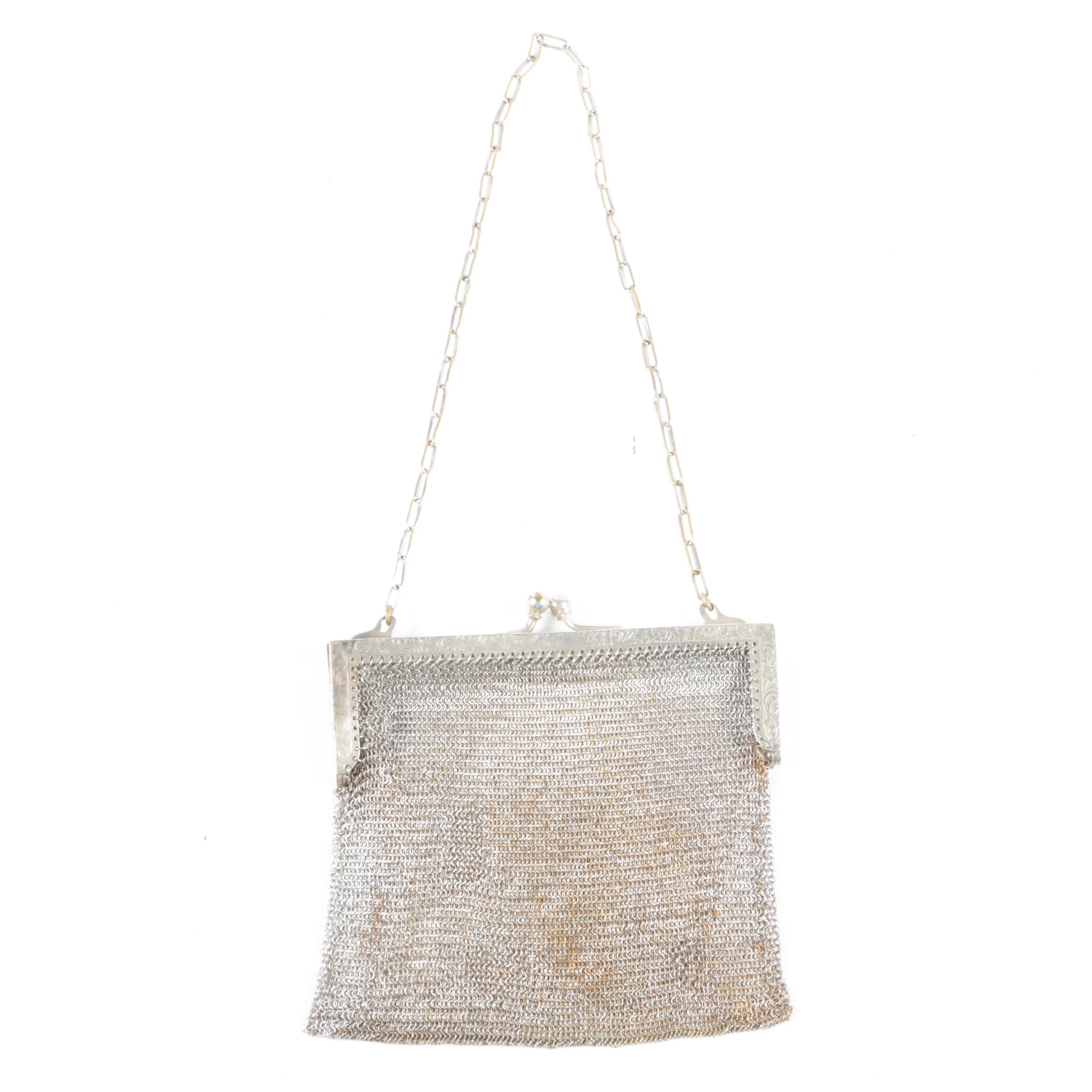 Whiting & Davis W&D German Silver Mesh Bag with Floral Frame, Early 20th Century