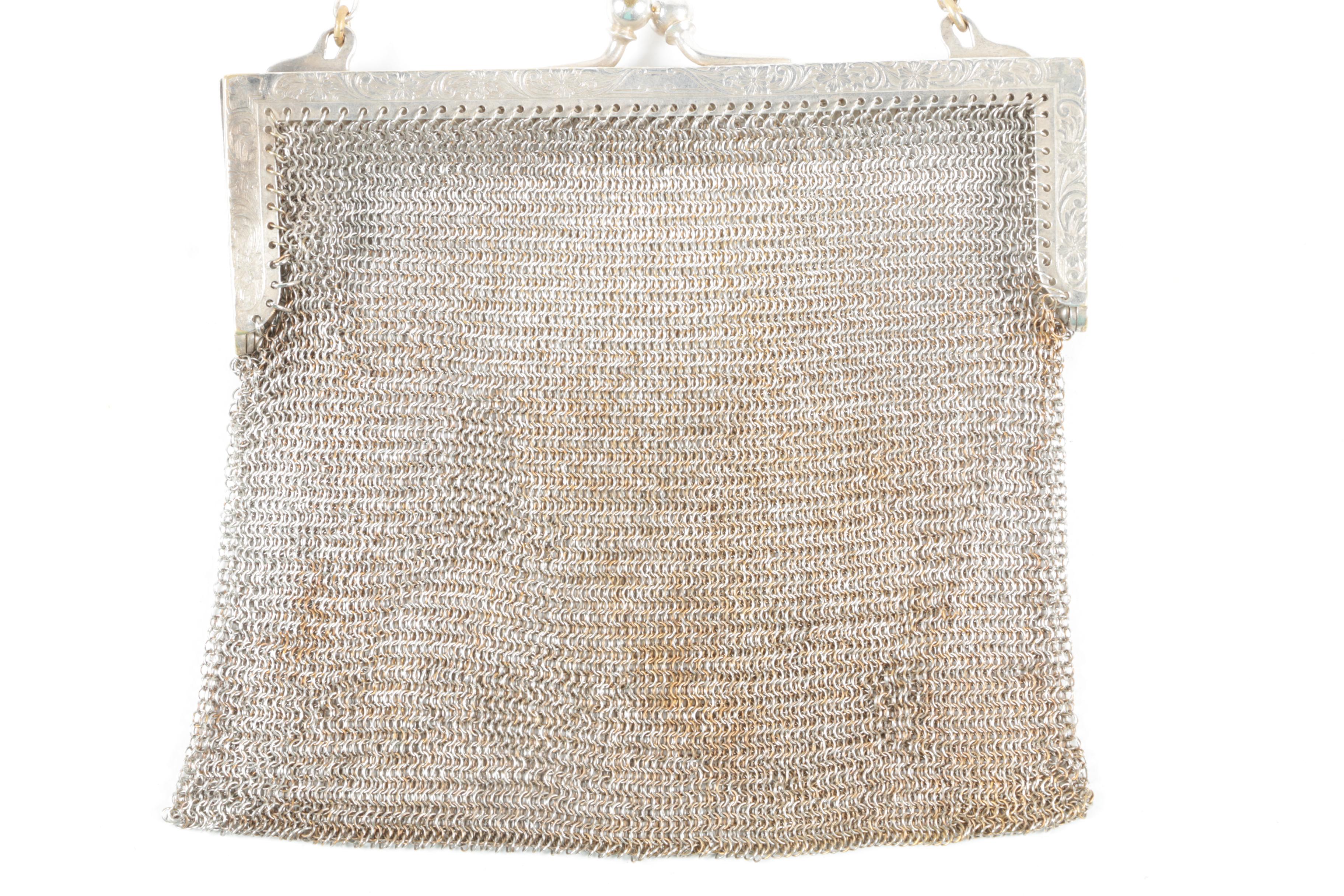 Whiting & Davis W&D German Silver Mesh Bag with Floral Frame, Early 20th Century