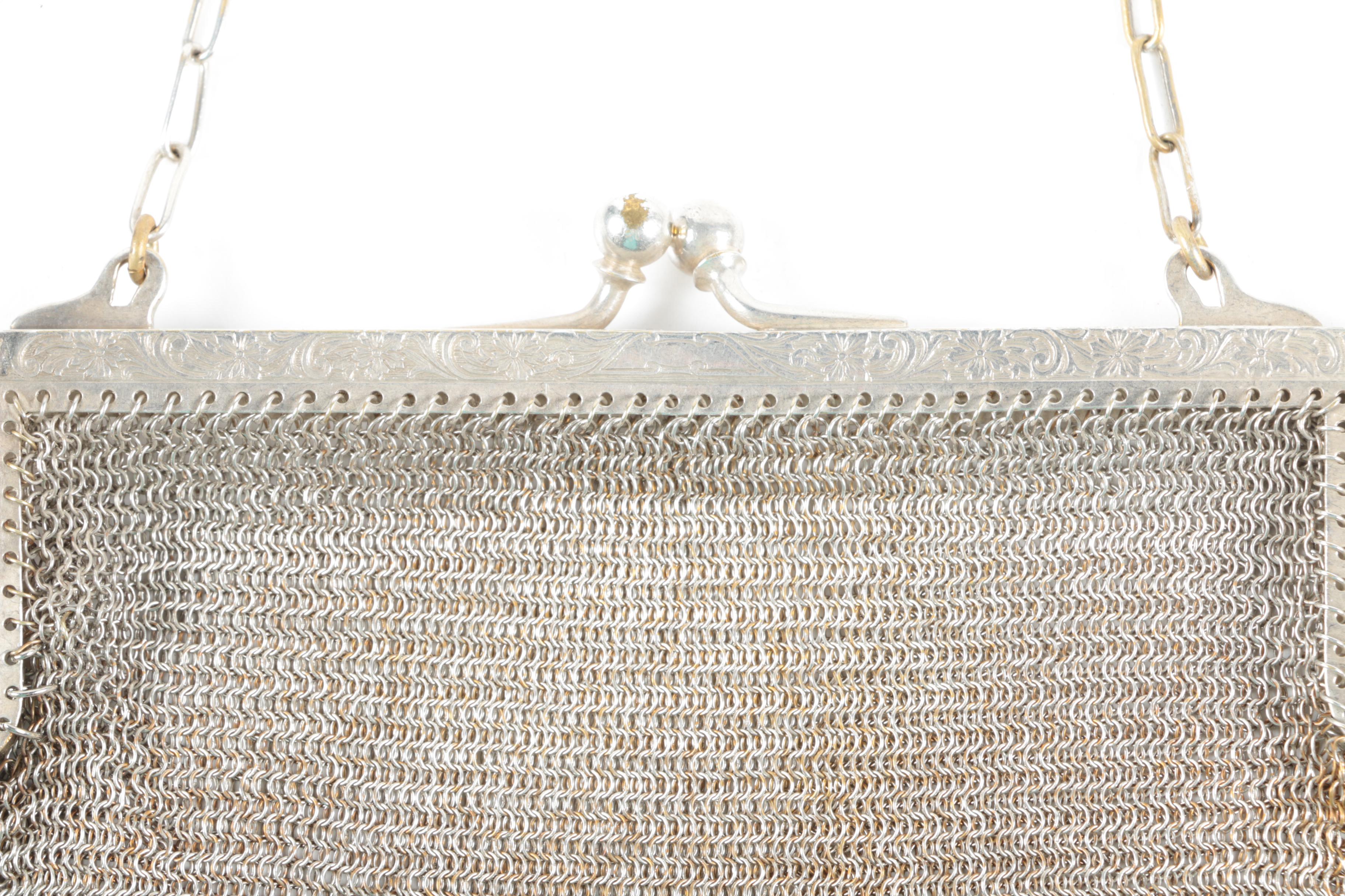 Whiting & Davis W&D German Silver Mesh Bag with Floral Frame, Early 20th Century