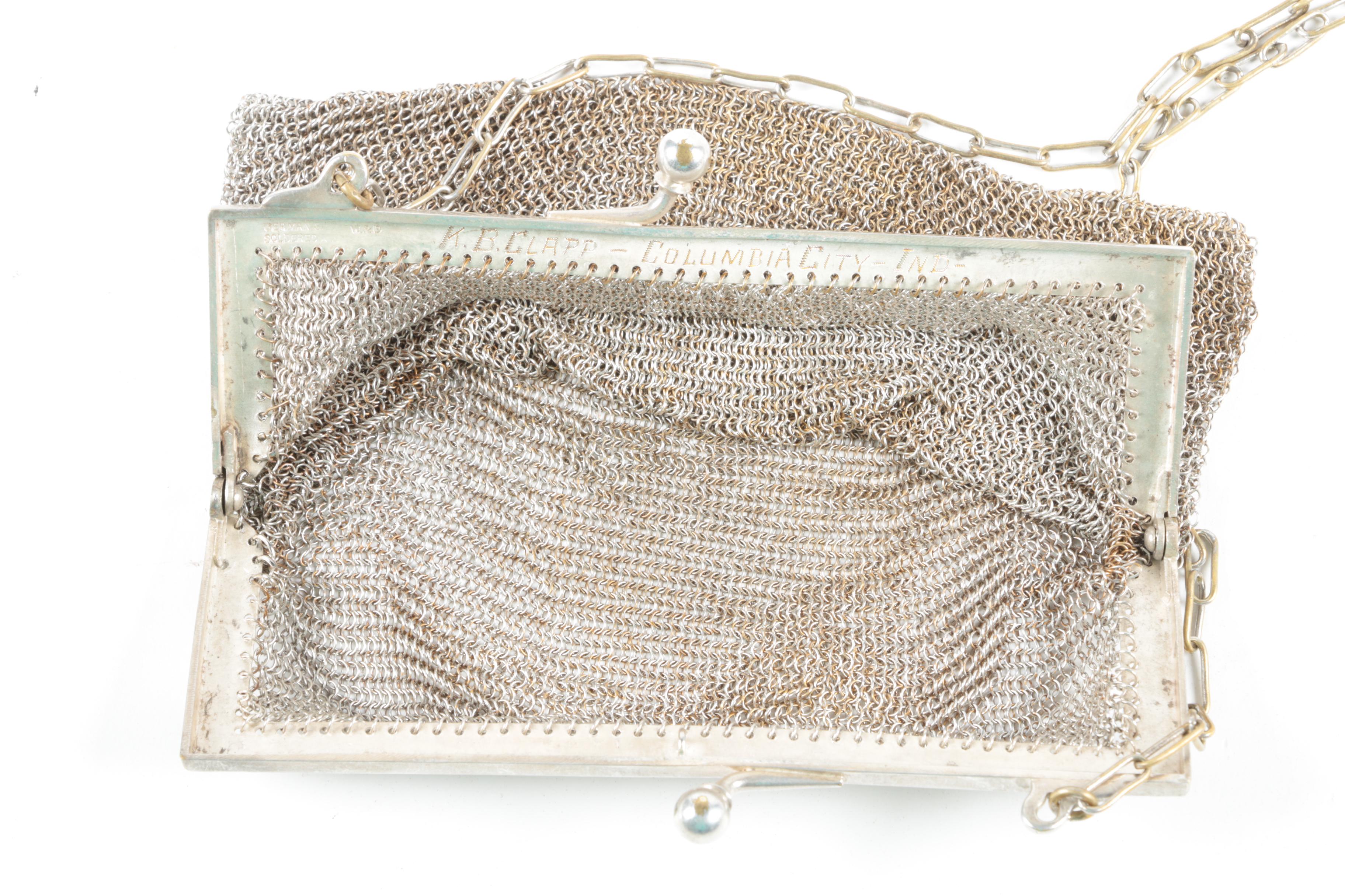 Whiting & Davis W&D German Silver Mesh Bag with Floral Frame, Early 20th Century