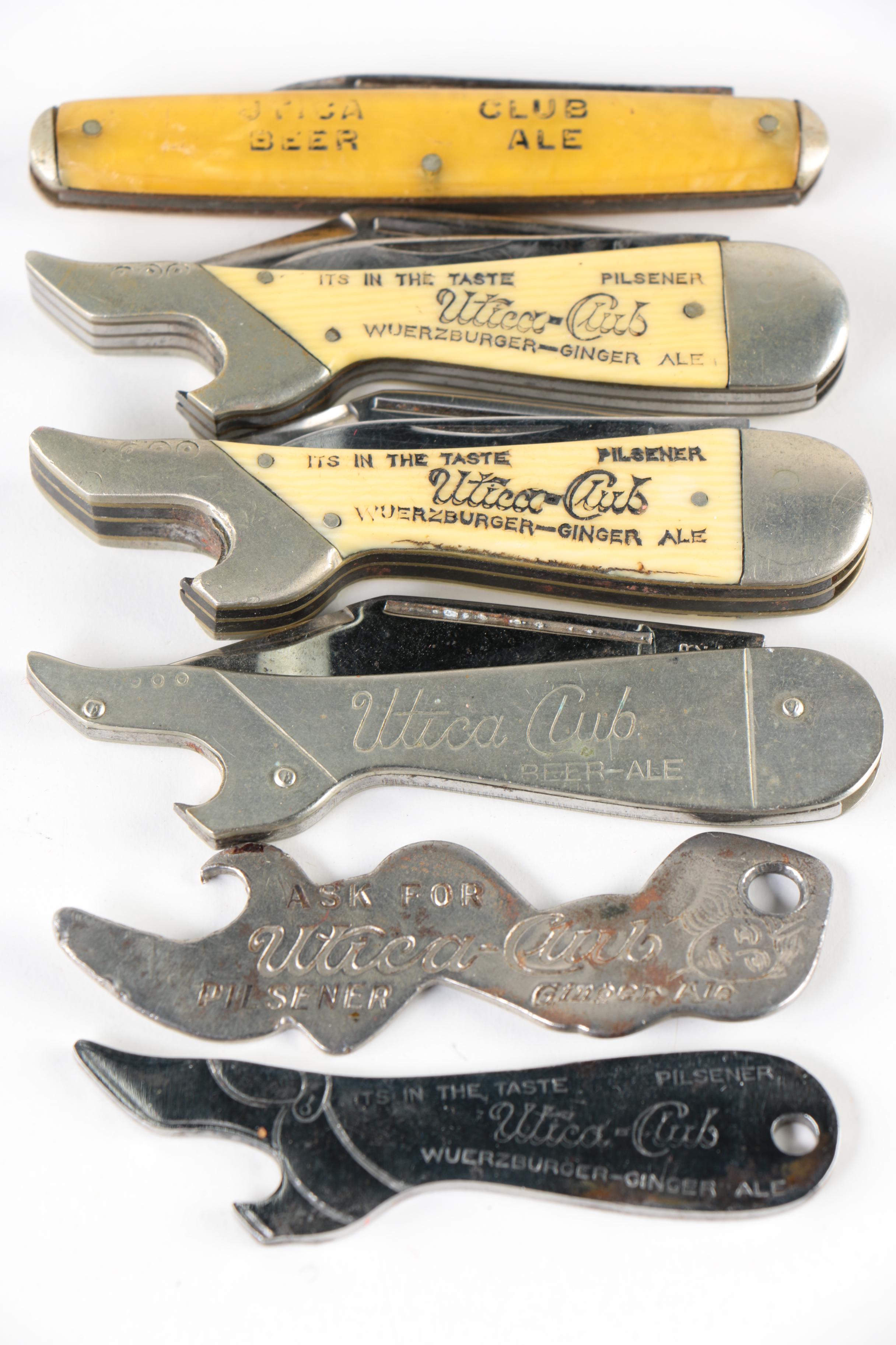 Utica Club Pocket Knives and Bottle Openers, Vintage