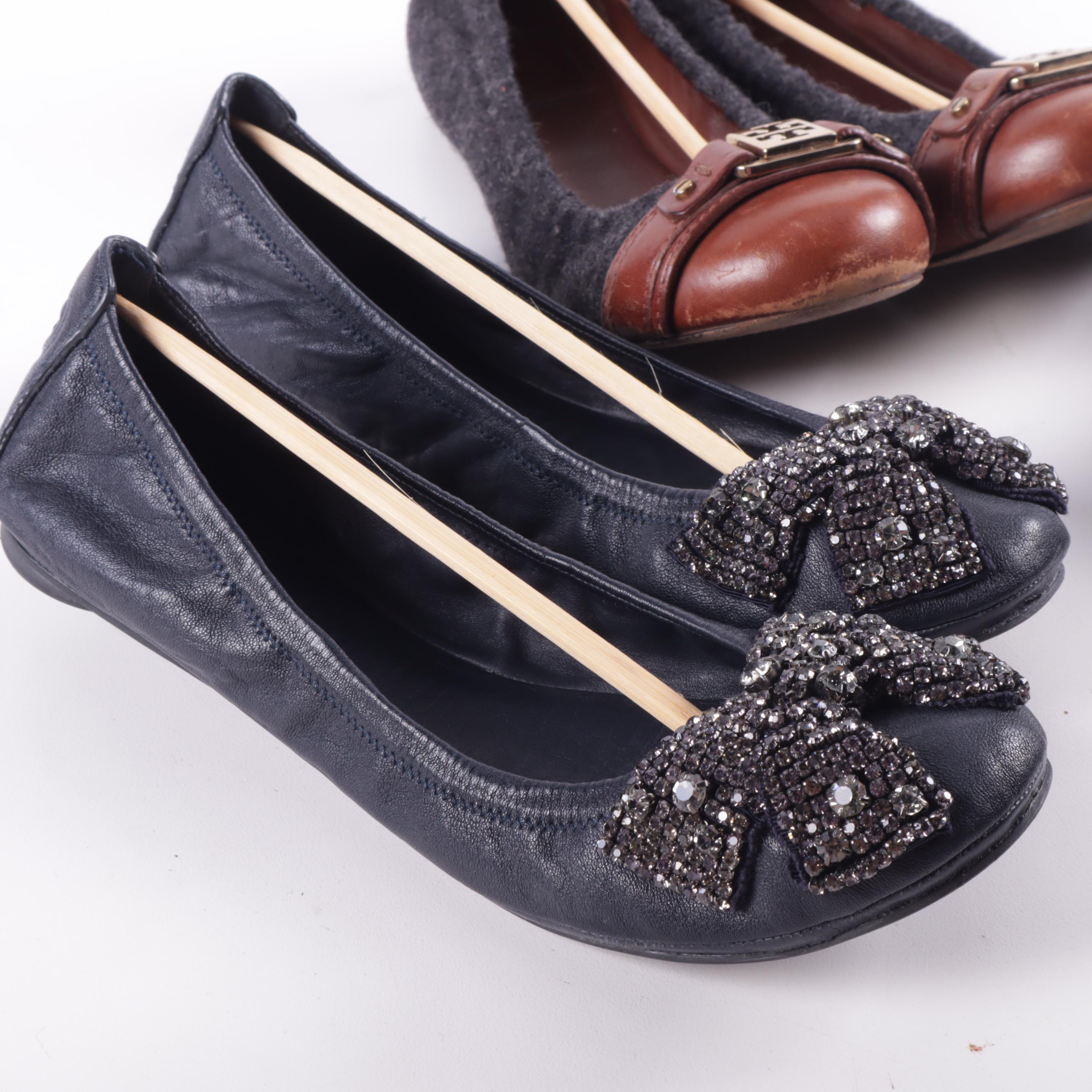 Tory Burch Flats in Leather with Rhinestone Bows and in Wool and Leather