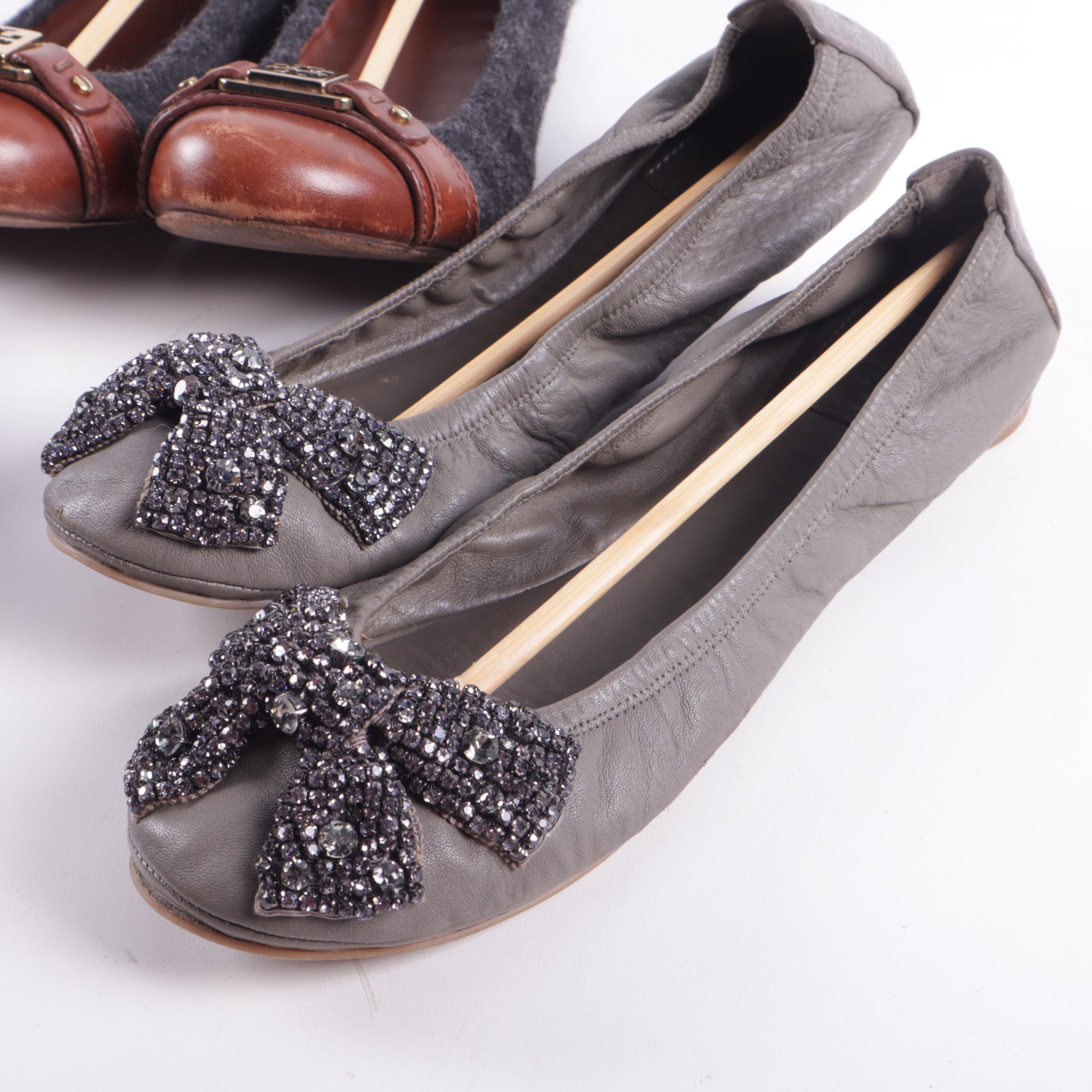 Tory Burch Flats in Leather with Rhinestone Bows and in Wool and Leather