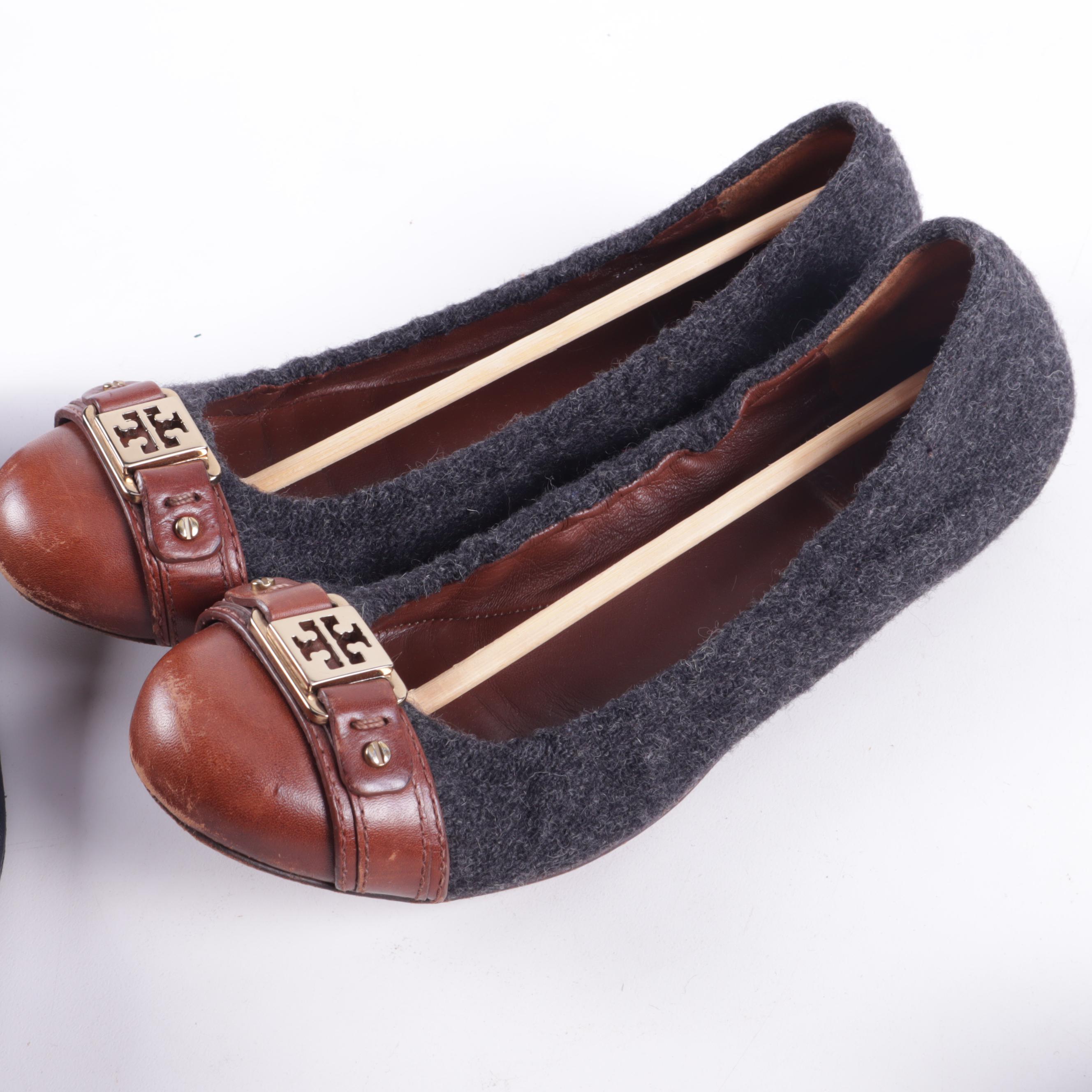 Tory Burch Flats in Leather with Rhinestone Bows and in Wool and Leather